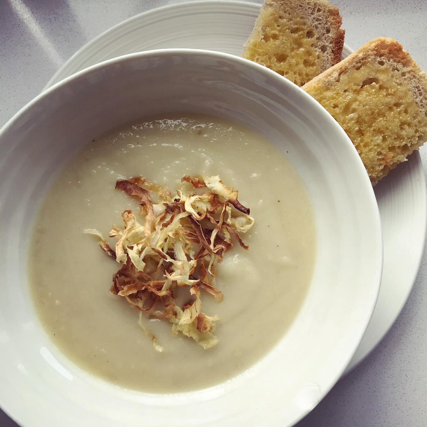 If you&rsquo;re making celeriac soup this weekend then why not use a peeler to take slices off any discarded celeriac pieces and make this crispy topping. 

In the photo is a mix of celeriac and parsnip. It is so easy to do and adds an extra somethin