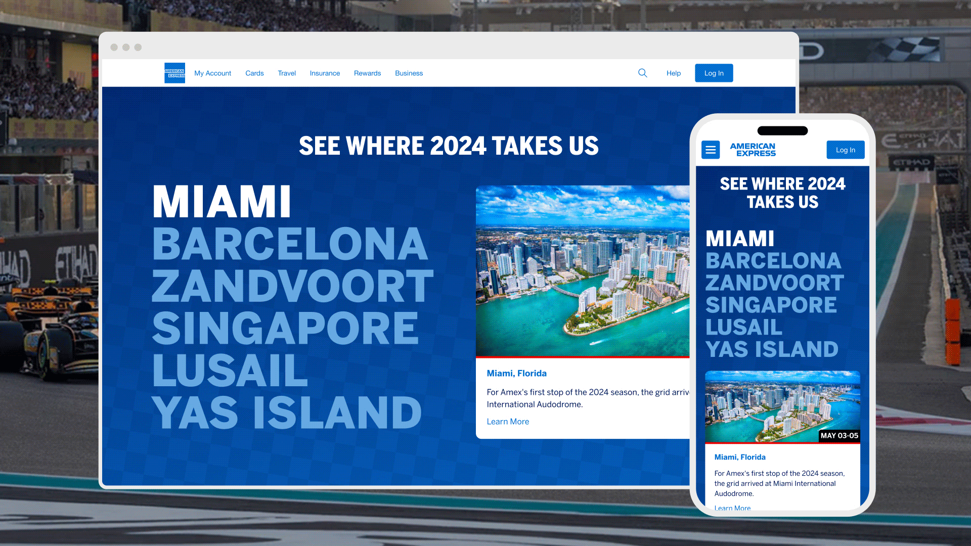 Screenshot of American Express travel webpage and mobile site showcasing destinations for 2024, including Miami, Barcelona, Zandvoort, Singapore, Lusail, and Yas Island, with a city racing background.