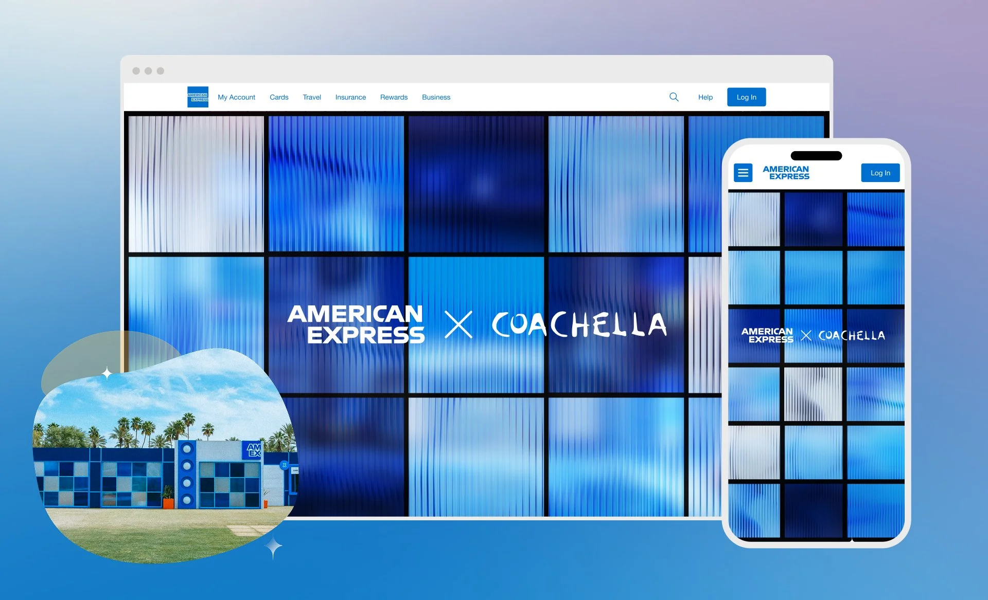 Promotional graphic showing a partnership between American Express and Coachella with a background of a blue-tiled building and palm trees.