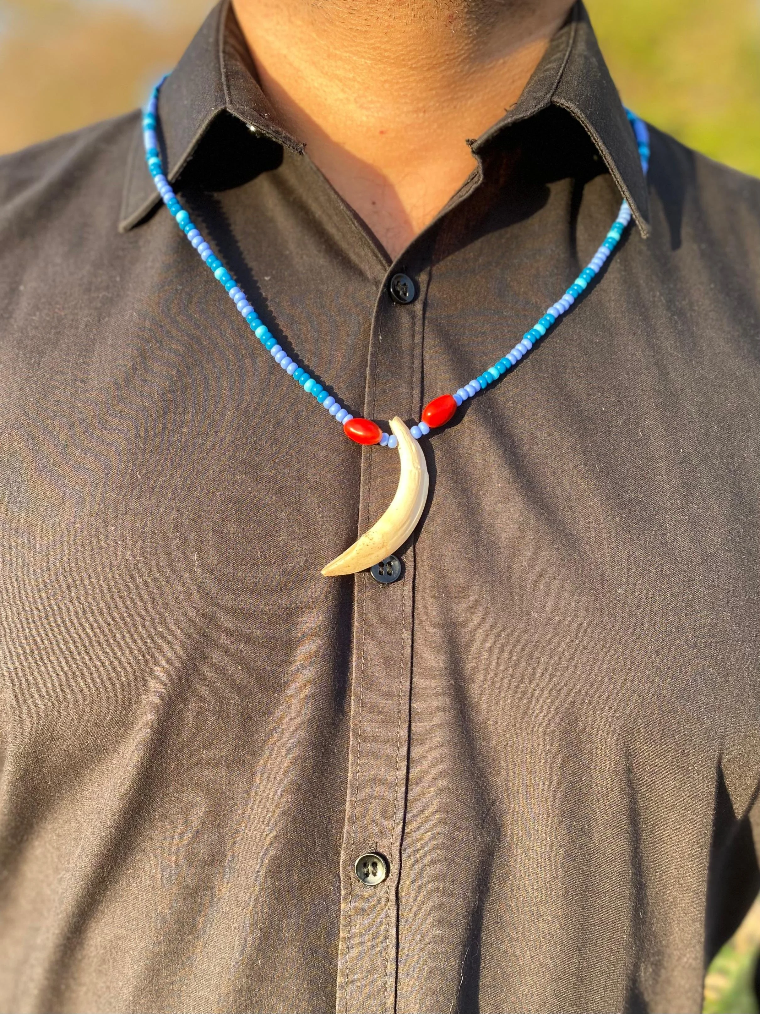 BLue necklace single tooth and two seeds £35.jpeg