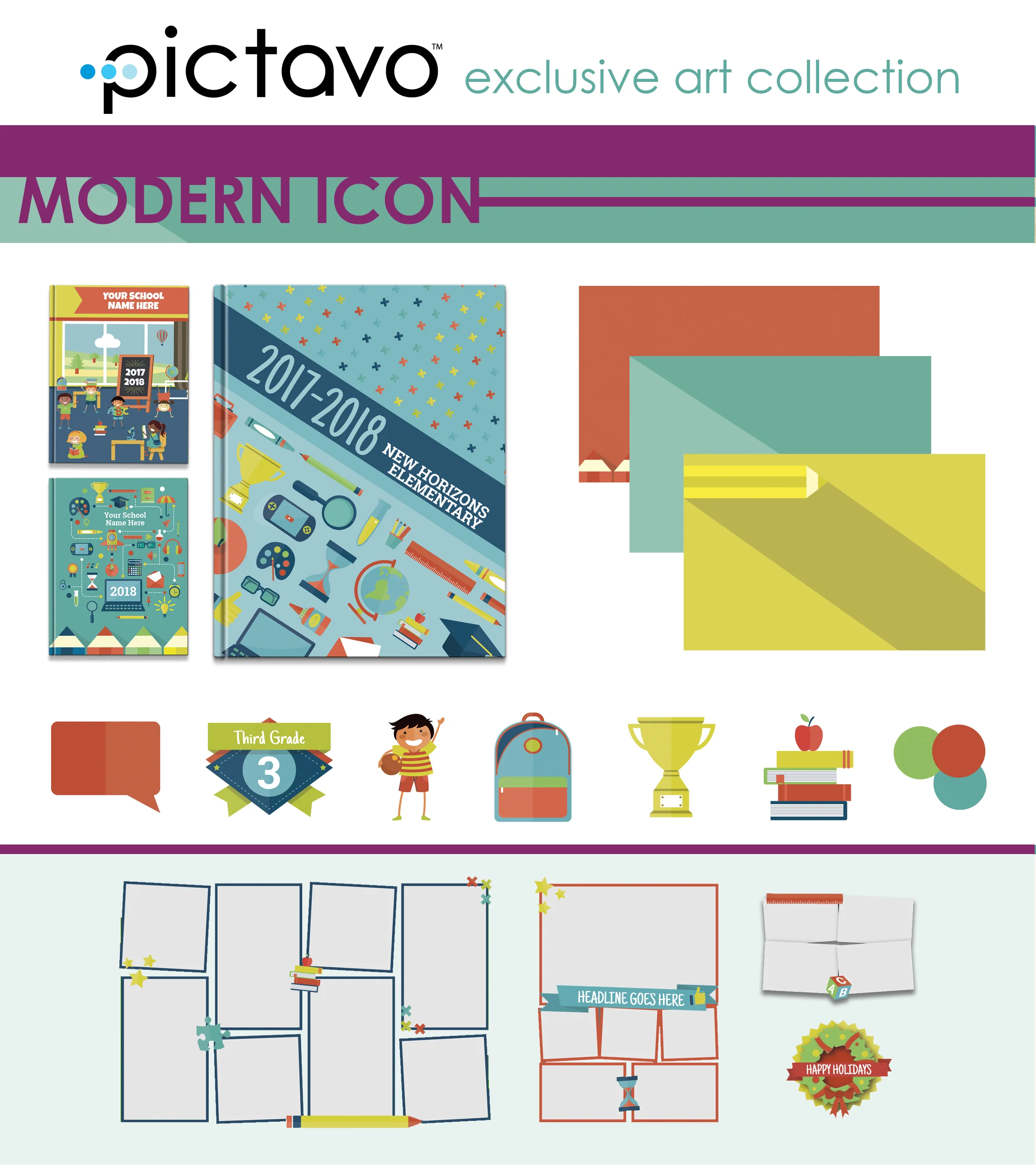 A modern twist on a classic look! Get creative with bright, simple backgrounds and traditional school-themed accents in a rainbow color palette.