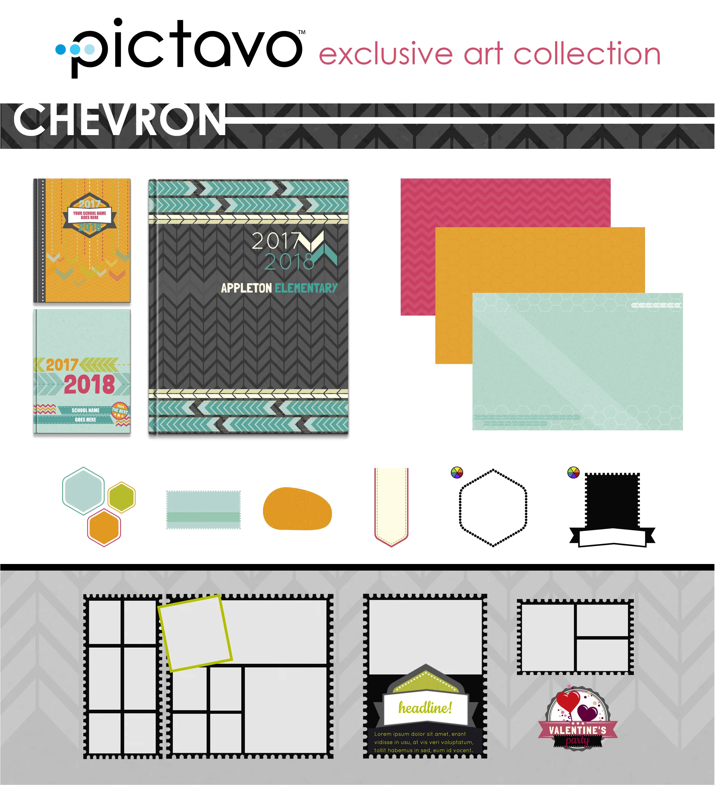 CHEVRON is full of funky patterns, banners and emblems in a bright, vibrant color palette sure to infuse a little cheer into your yearbook.