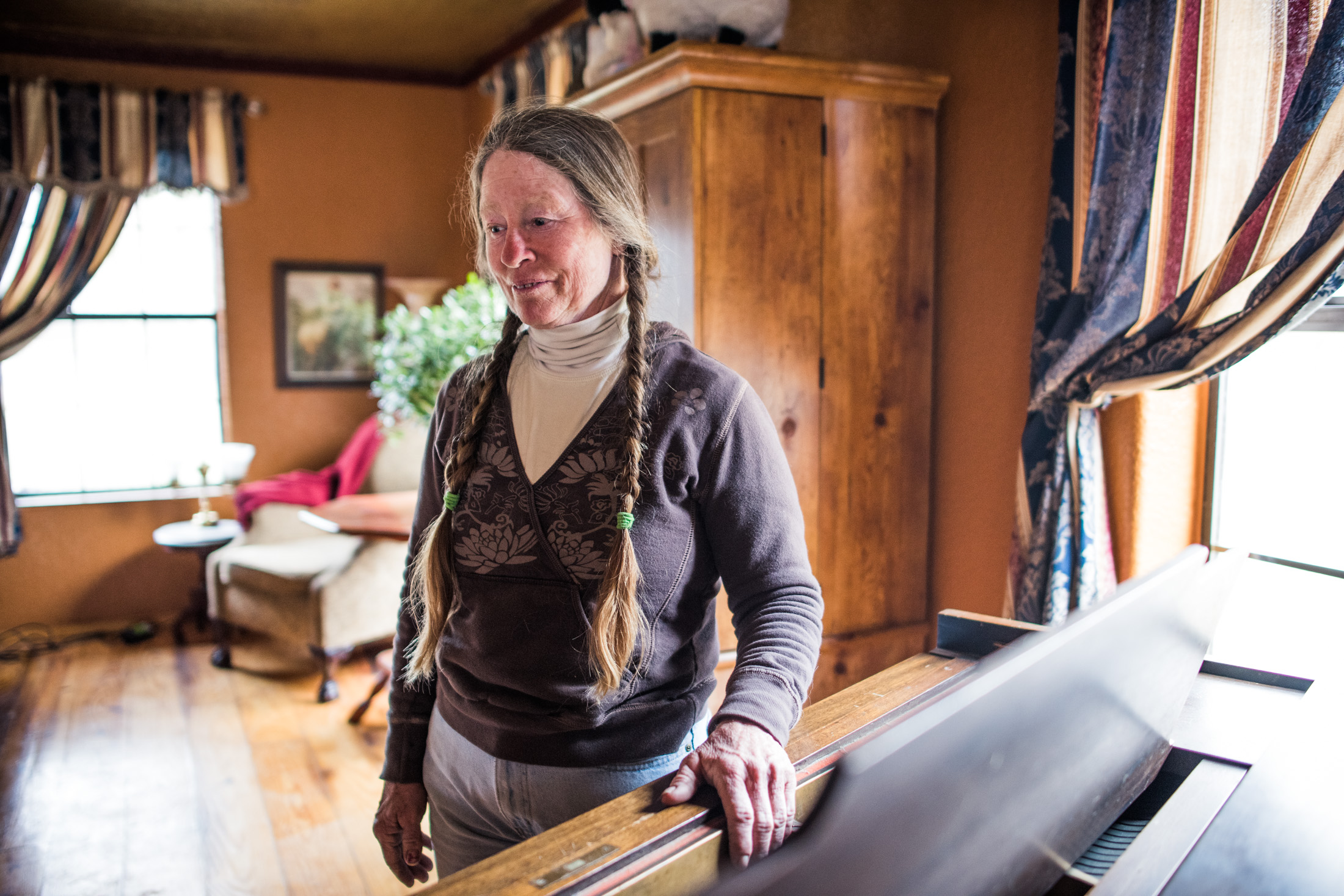  Sally Canning, a polymath whose skills range from ranching to violin and piano playing, in her ranch house near Capitan. Her father, Hap Canning, developed a breed of cattle specifically for the dry conditions of the Tularosa Valley. 