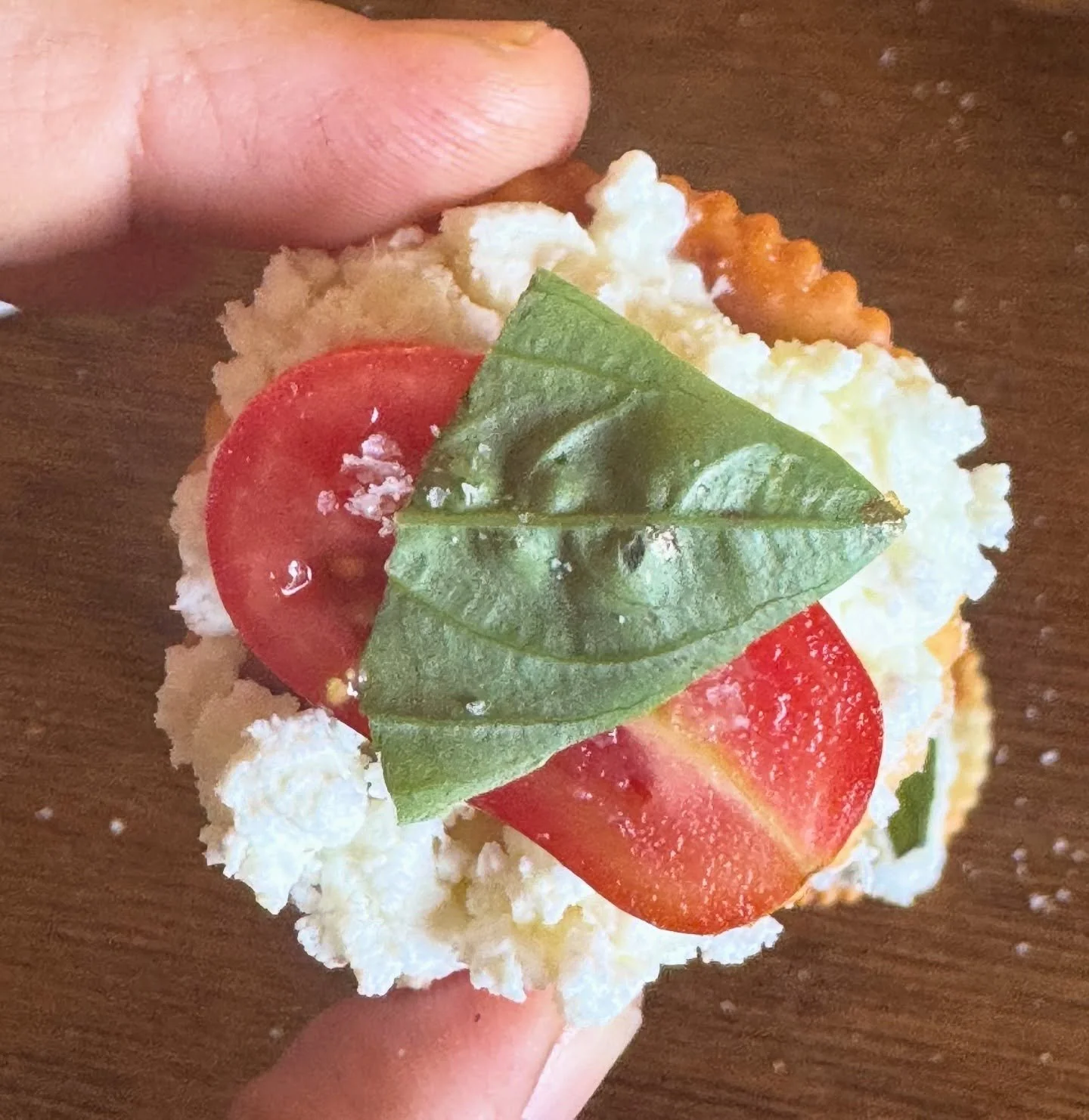 Delicious @tongolacheese Zo&egrave; with a cherry tomato and basil. So yum as lunch (or a snack). You can get Zo&eacute; tomorrow, Sunday 4th Jan, at the @breamcreekfarmersmarket along with our other cheeses, and some delicious goat for the BBQ (or i
