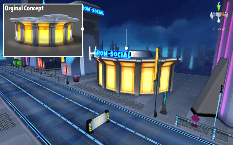 Assets in game editor with original concept. 