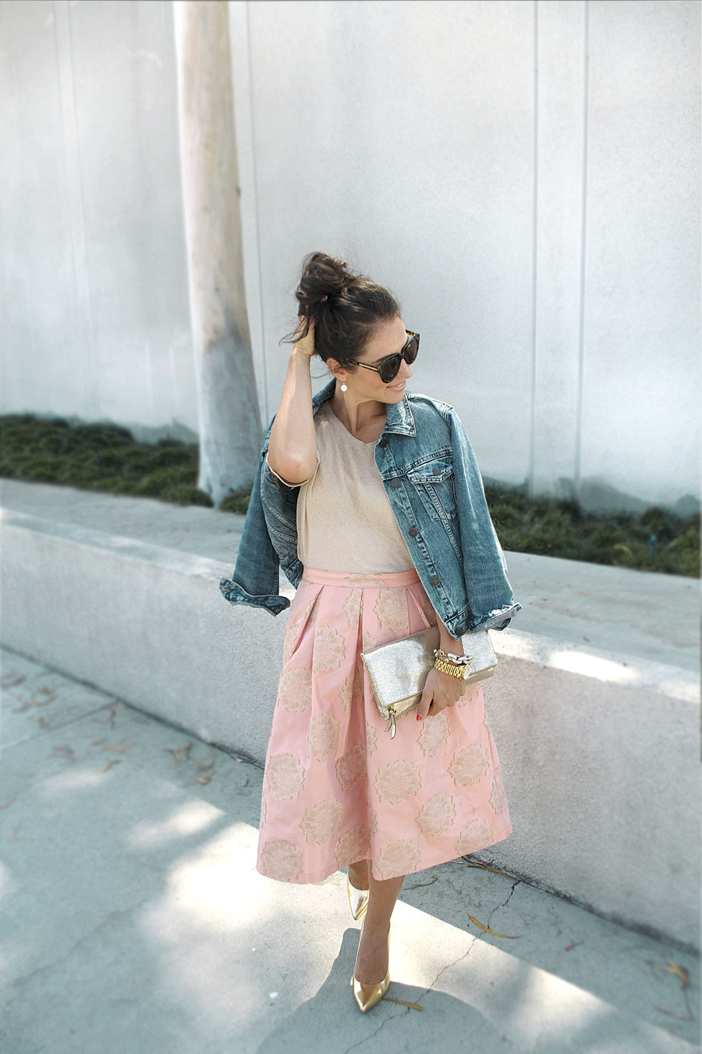 pink denim midi skirt