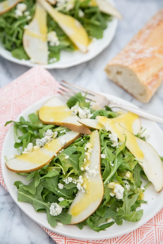 Arugula, Pear & Blue Cheese Salad with Warm Vinaigrette