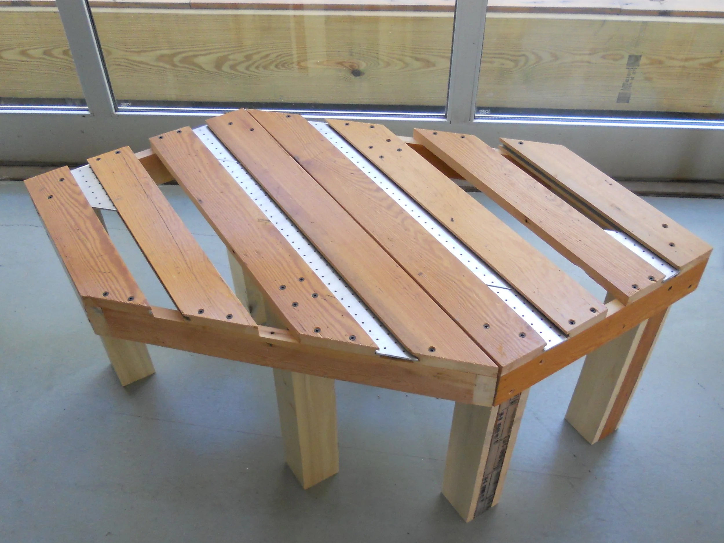 Rearrangeable Bench #1 made of Hardwood Flooring, Shipping Pallets + Aluminum, Chicago, IL