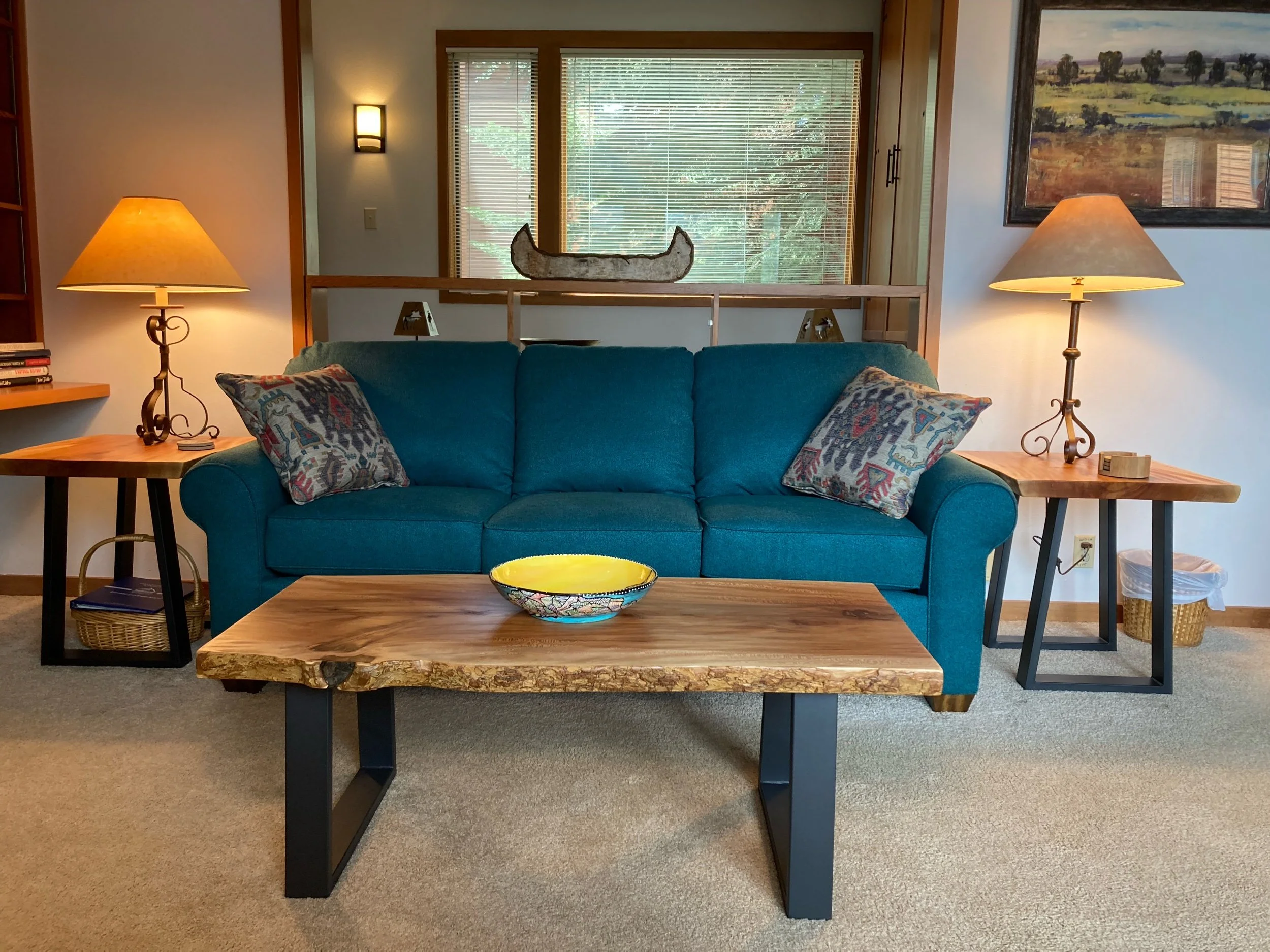 Live Edge Inlaid Ski Coffee Table + Live Edge End Tables, Keystone, CO