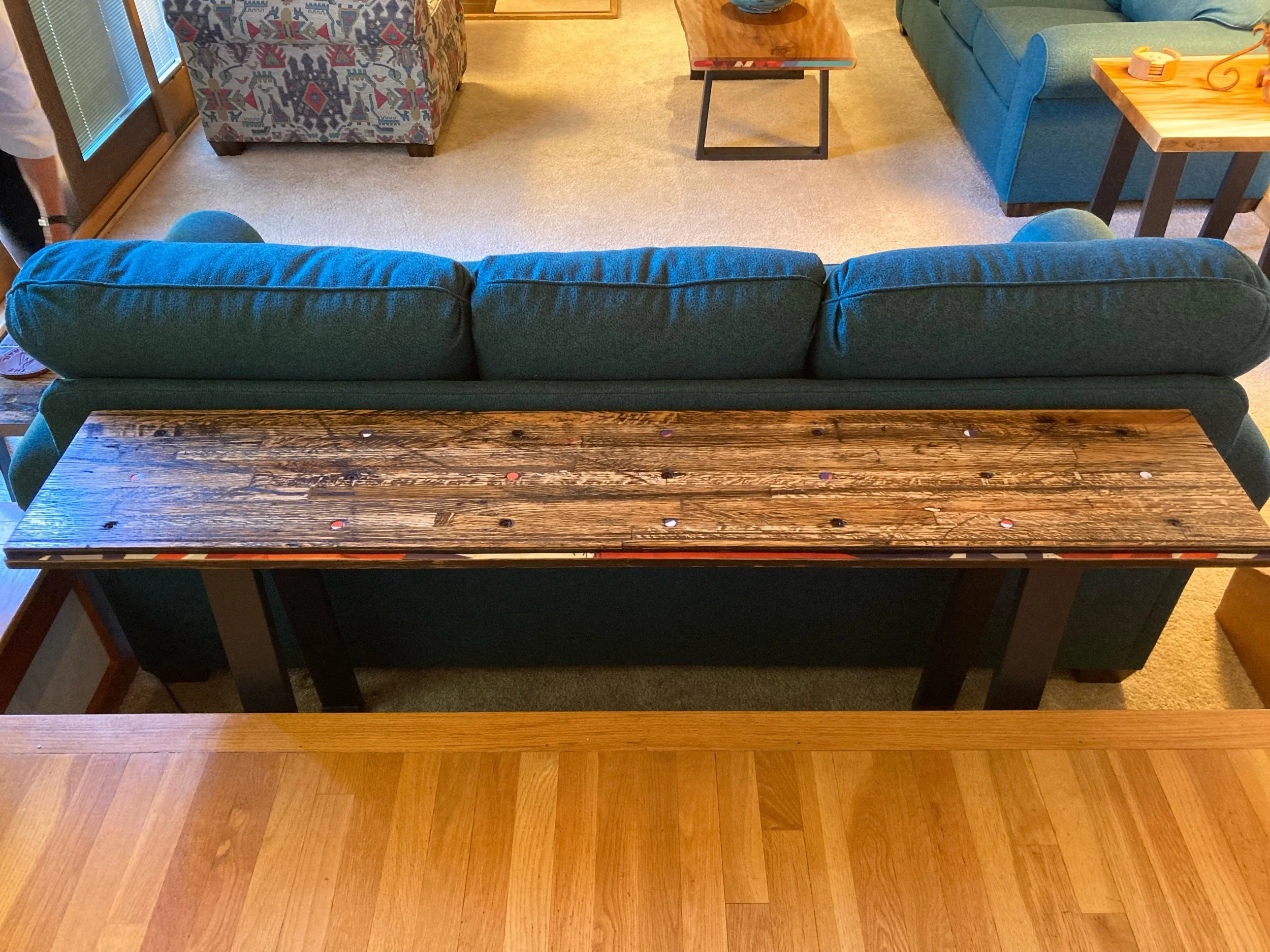 Semi Truck Flooring Inlaid Ski Sofa Table, Keystone, CO