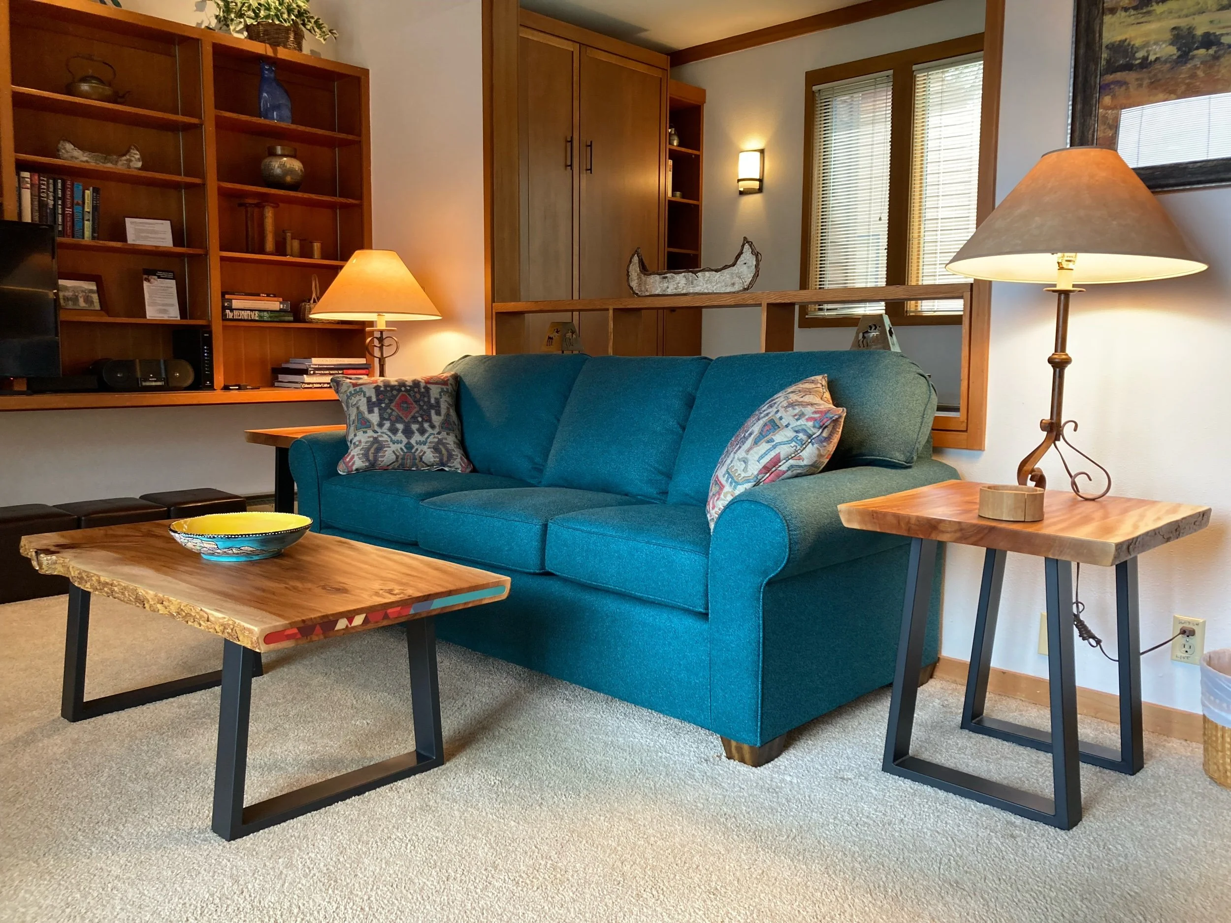 Live Edge Inlaid Ski Coffee Table + Live Edge End Tables, Keystone, CO