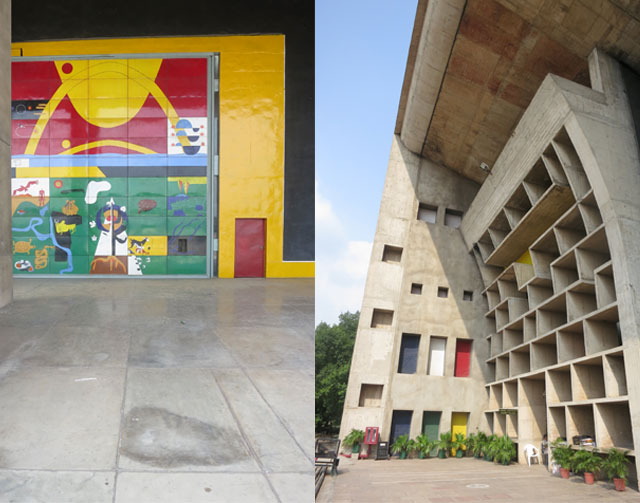 (L) Door detail at the Assembly building by Le Corbusier at Chandigarh. (R) High Court building by Le Corbusier at Chandigarh. 