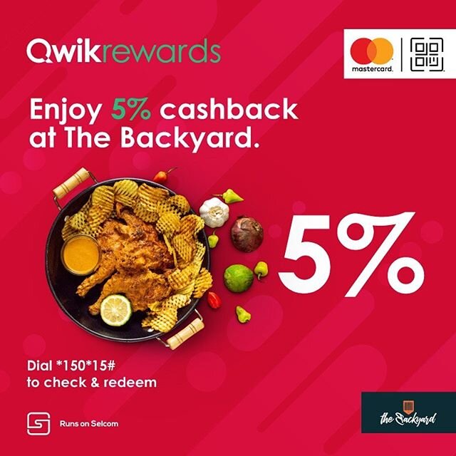 Home is where the yum is! There&rsquo;s no reason to miss out on food you love, order from The Backyard for TZS20,000 and earn 5% cash back on your qwikrewards balance. Dial *150*15# to Check &amp; Redeem #RunsOnSelcom