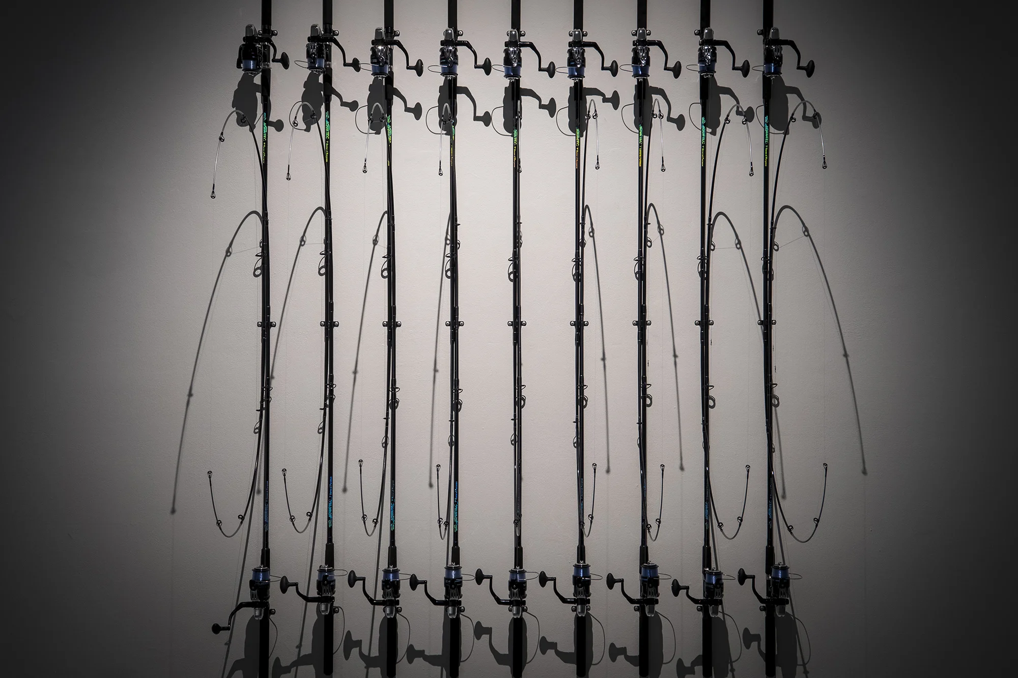 In-tension , 2016, fishing rods and line, 210 x 160 x 80 cm. Exhibited at Hatched: National Graduate Show 2017, Perth Institute of Contemporary Arts. Image: Alessandro Bianchetti.