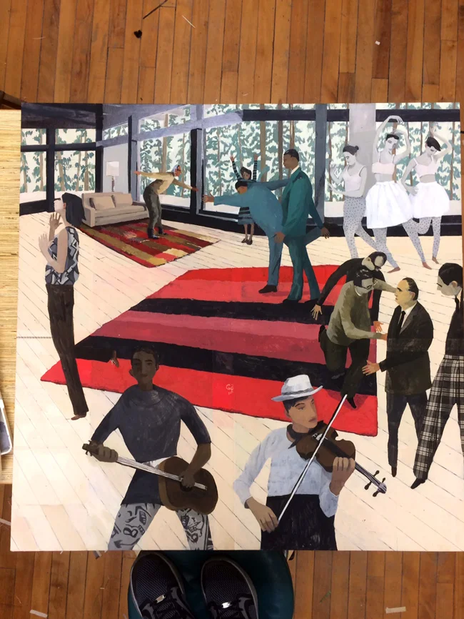 A work in progress in my studio - I start with a collage base of vintage images and paint over them.