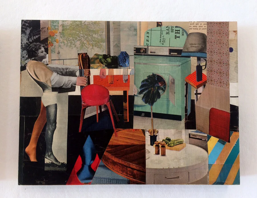 One of my domestic scenes, a work in progress 9 x 12 in., glued up with its base layer collage.