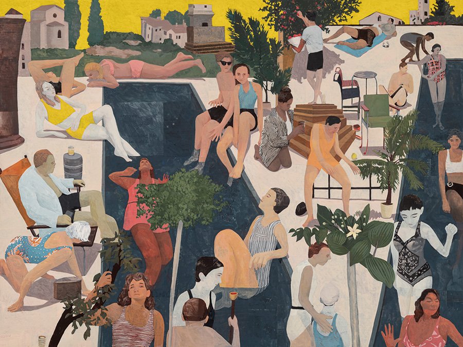  The Relaxation Station 

 

 Flashe, gouache, and paper collage on board. 36 x 48 in., 2026 