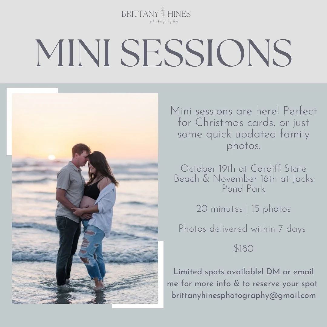 Fall mini sessions are here!! 🍁

✨October 19th at Cardiff State Beach and November 16th at Jacks Pond Park in San Marcos 
✨20 minutes 
✨15 photos delivered to your own private gallery within a week 
✨Just $180

Perfect for anyone and any occasion, i