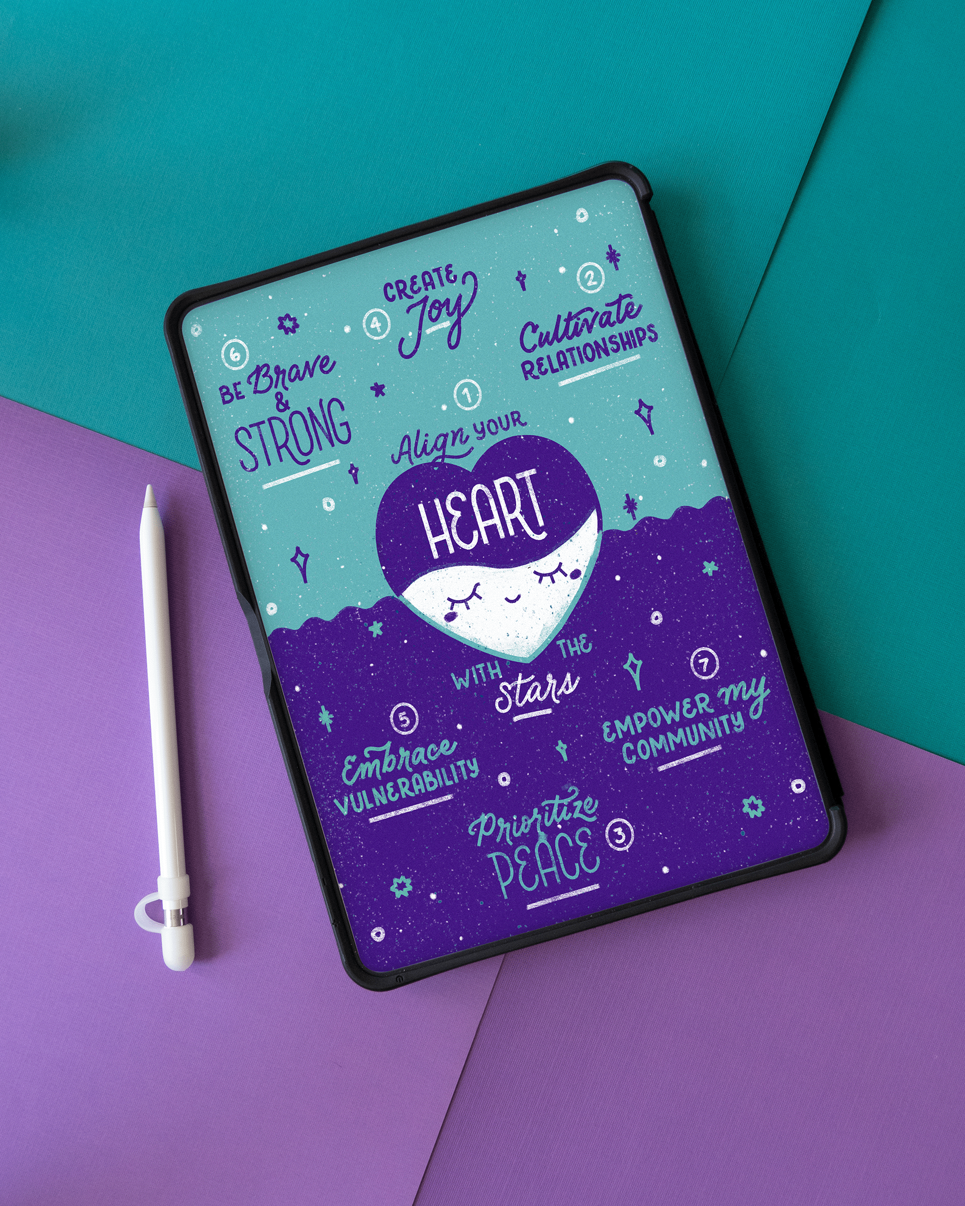  featuring positive motivational messages about heart and star themes. The messages include 'Create Joy,' 'Cultivate Relationships,' 'Be Brave & Strong,' 'Align Your Heart with the Stars,' 'Embrace Vulnerability,' 'Prioritize Peace,' and 'Empower My 
