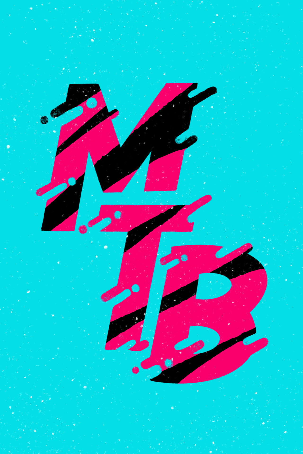 Bold pink handdrawn letters 'MTB' with black and pink stripes on a turquoise background.