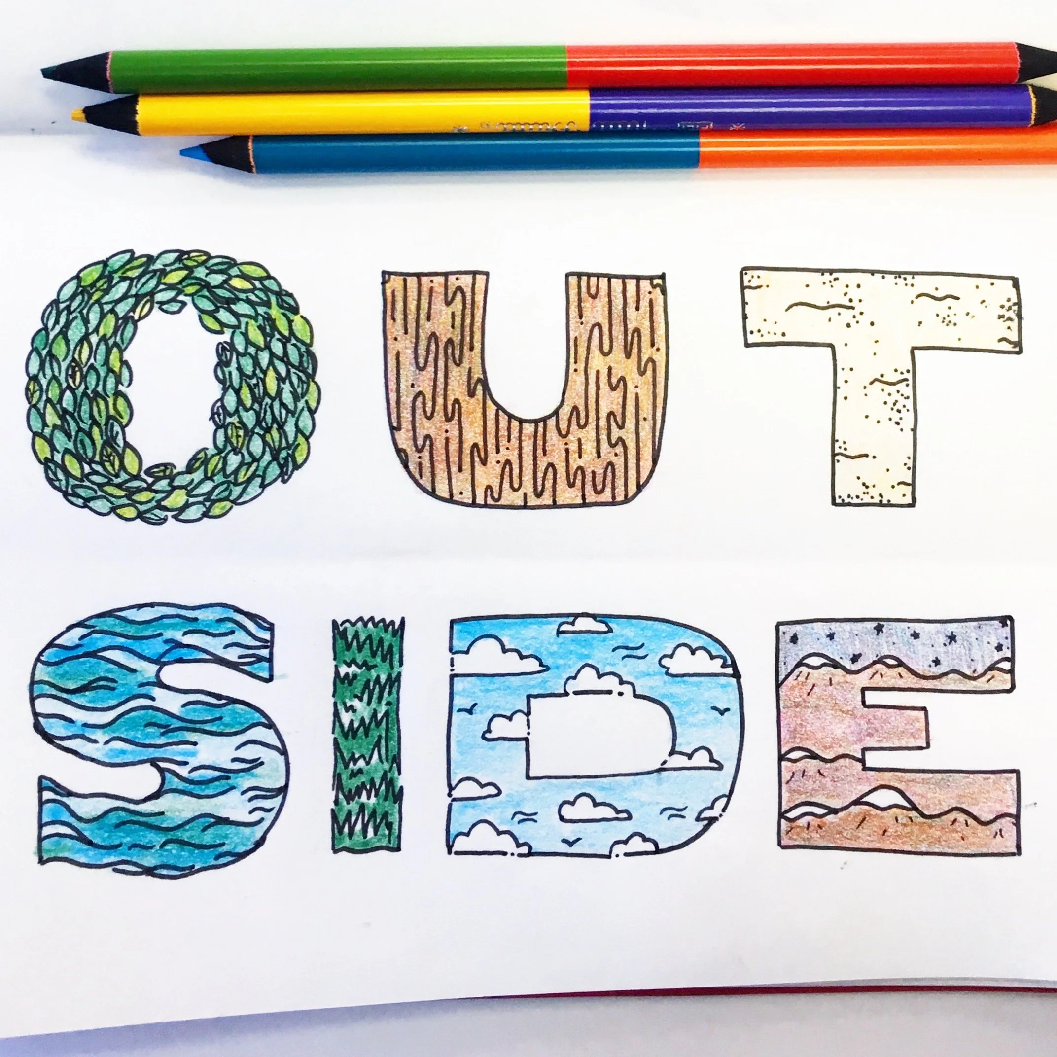Colorful handdrawn letter spelling "OUTSIDE" with each letter decorated with nature-themed patterns, such as leaves, wood grain, water, clouds, and mountains.