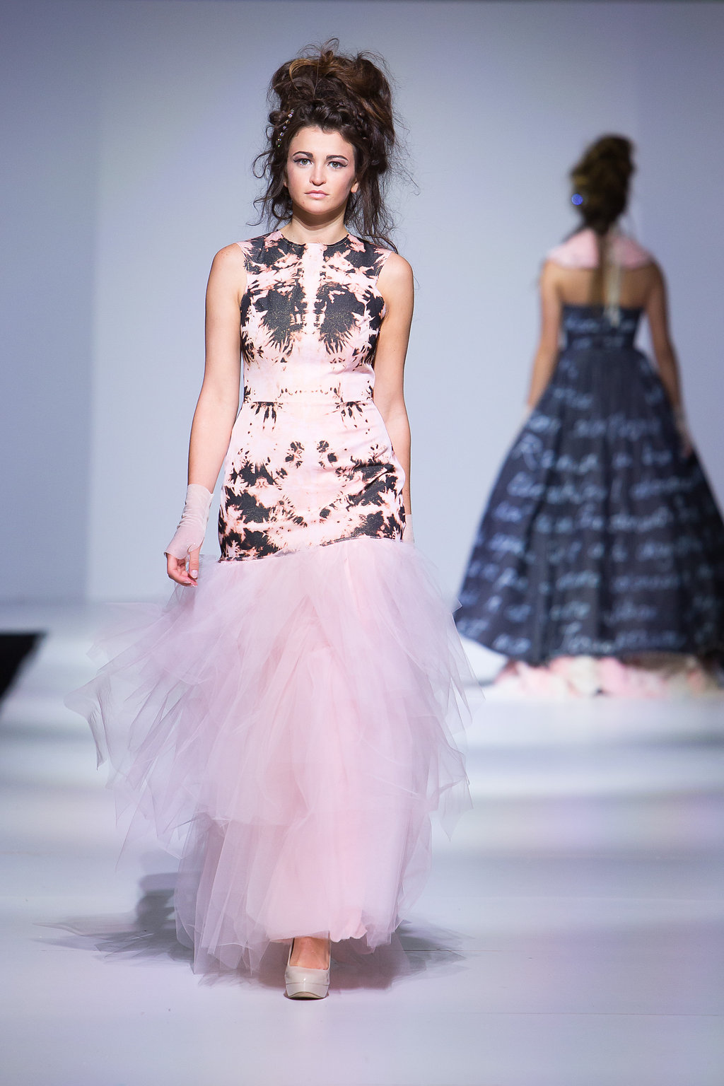 Black glitter denim, bleached and then overdyed pink, with blush pink tulle skirt