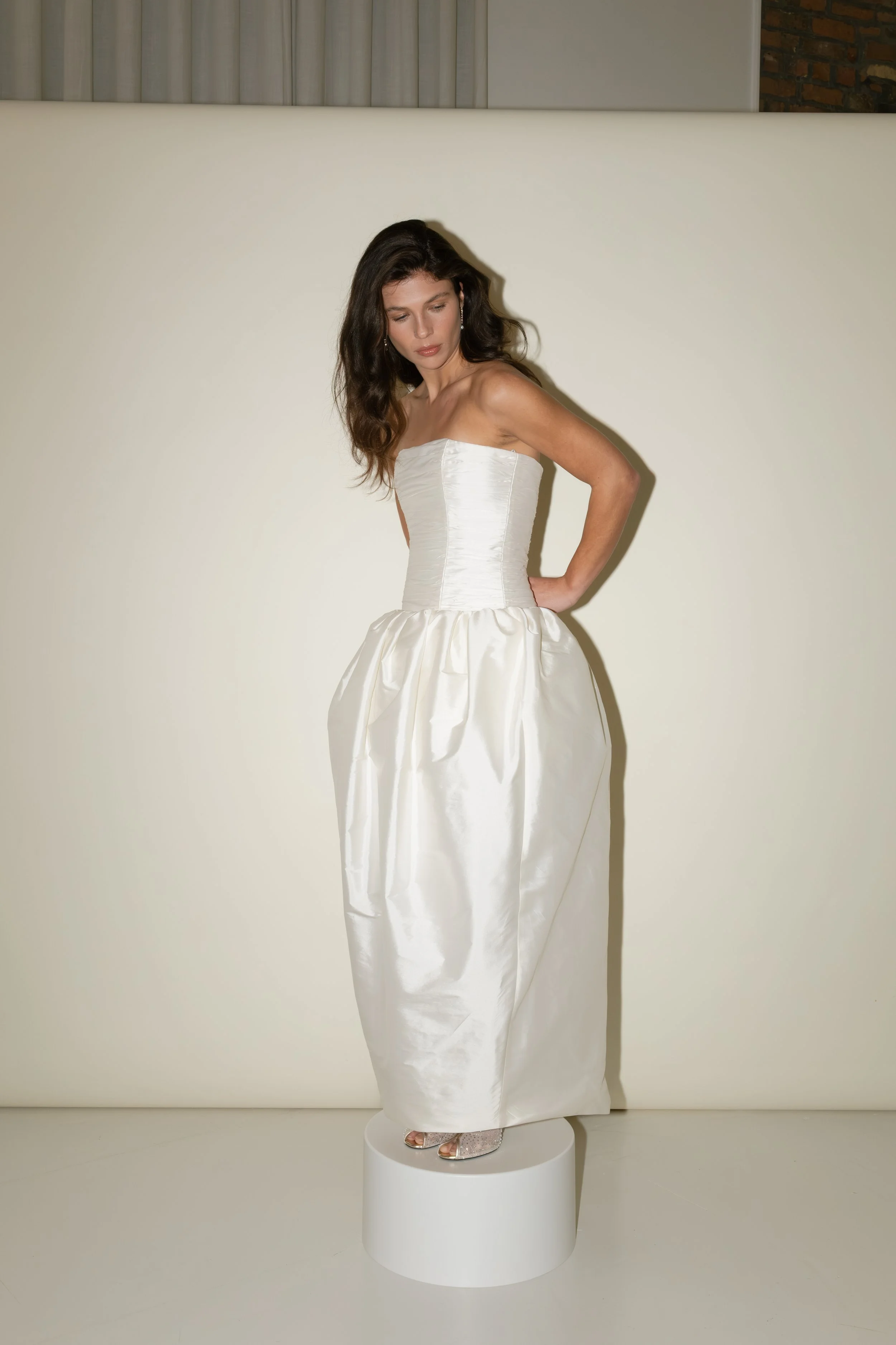 Sloane dress by Jessica Bennett tulip shape drop waist wedding dress with pleated bodice for the modern bride