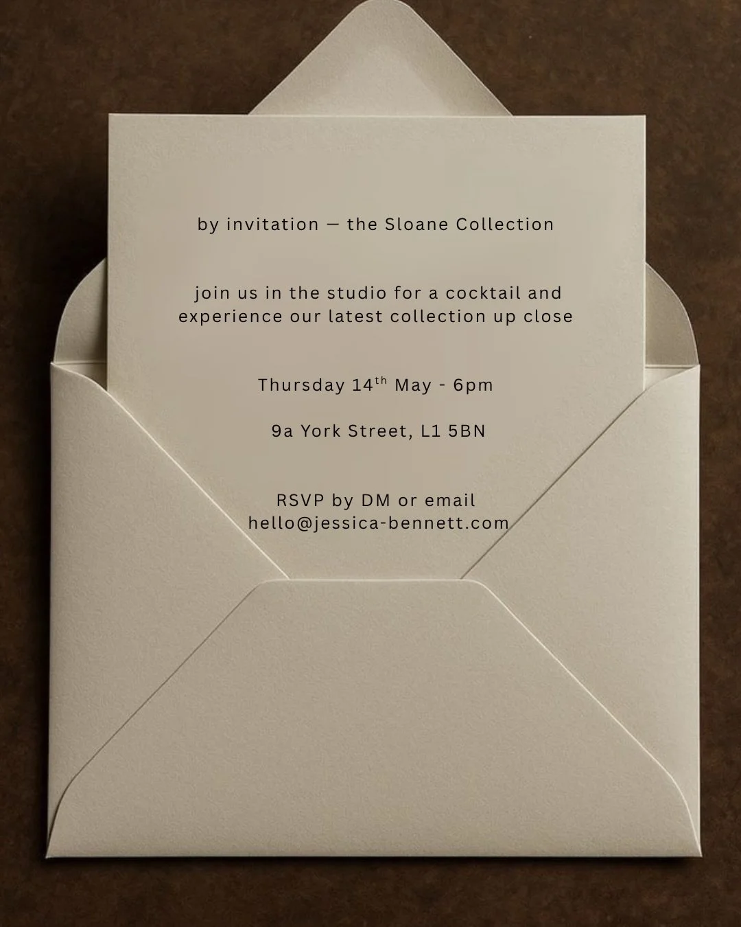 You are invited to an intimate preview of our newest collection, Sloane. 

Bring your bridesmaid &amp; join us in the studio for a first look.

Exclusive gifts &amp; goodies for the first Brides

RSVP by DM or email to let us know you&rsquo;re attend