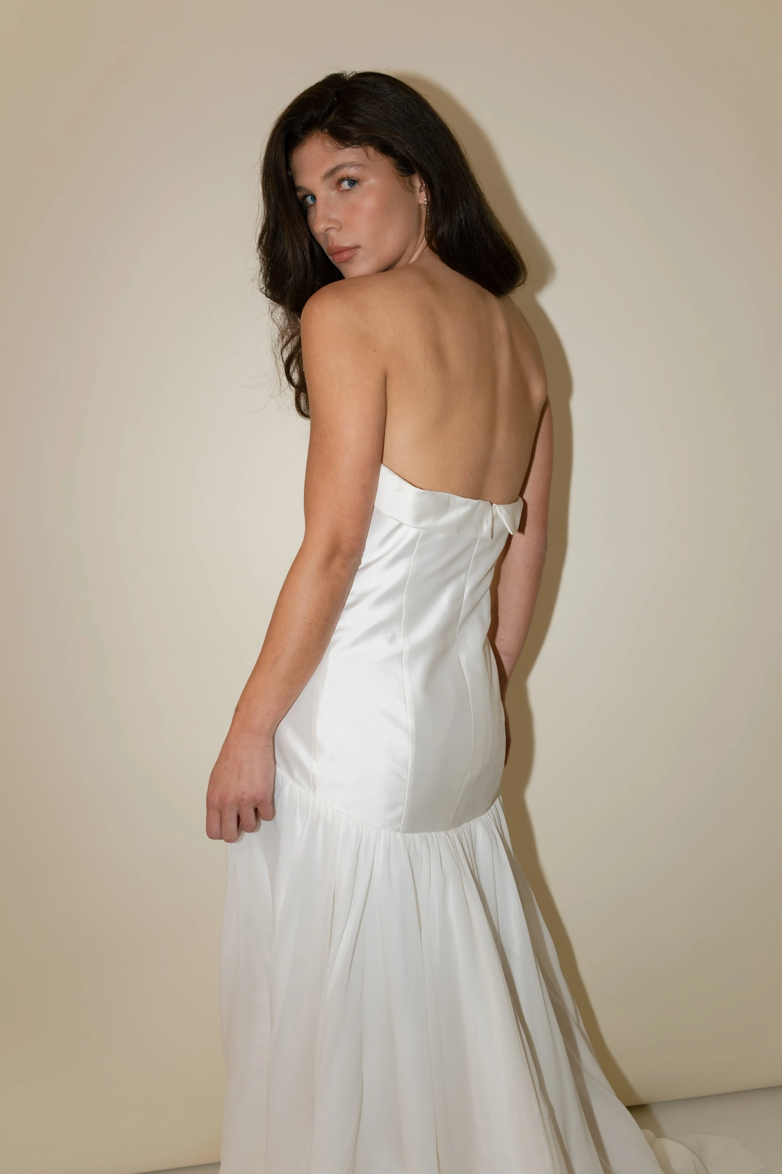 Rae dress by Jessica Bennett taffeta sculpted drop bodice gown with flared silk georgette train for a classic but modern romantic bridal look