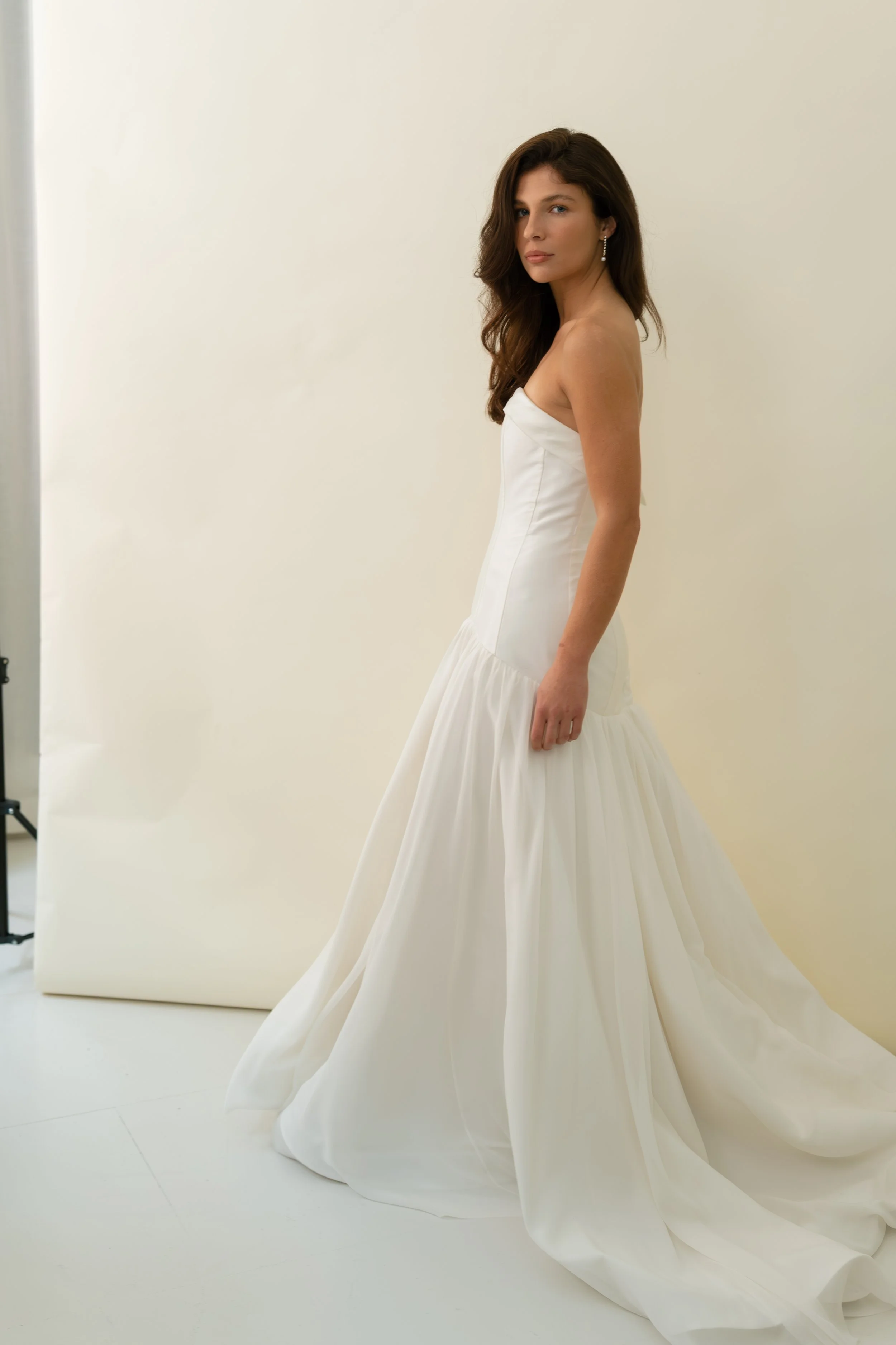 Rae dress by Jessica Bennett taffeta sculpted drop bodice gown with flared silk georgette train for a classic but modern romantic bridal look