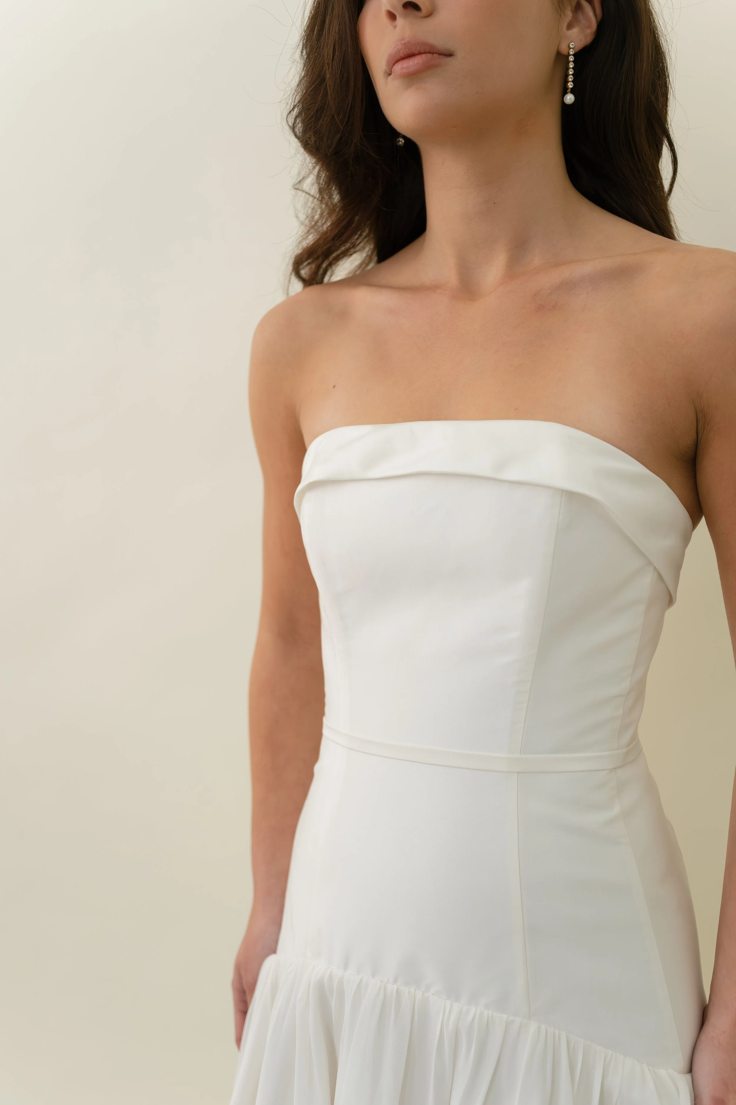 Rae dress by Jessica Bennett taffeta sculpted drop bodice gown with flared silk georgette train for a classic but modern romantic bridal look