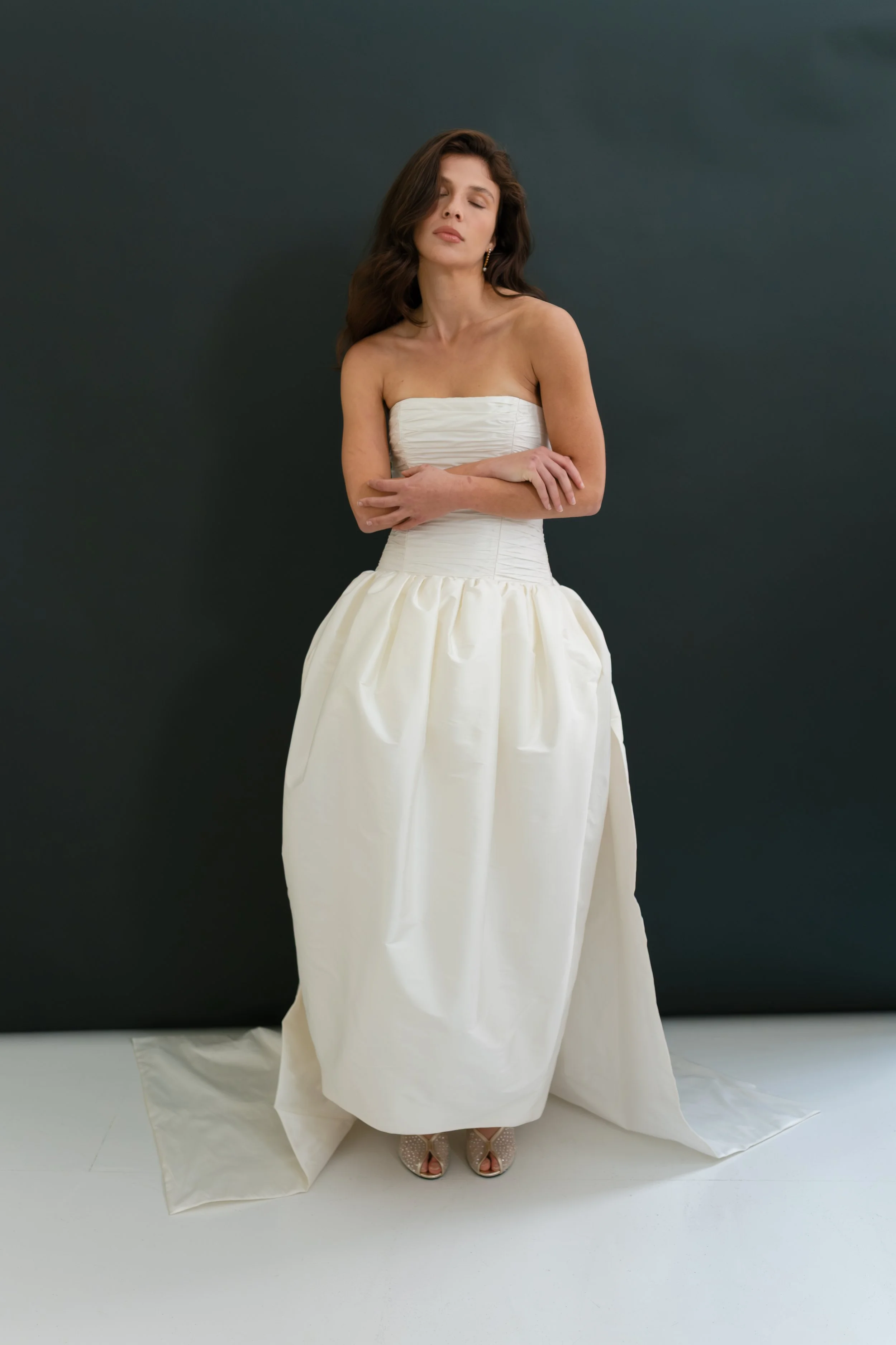 Sloane dress by Jessica Bennett tulip shape drop waist wedding dress with pleated bodice for the modern bride