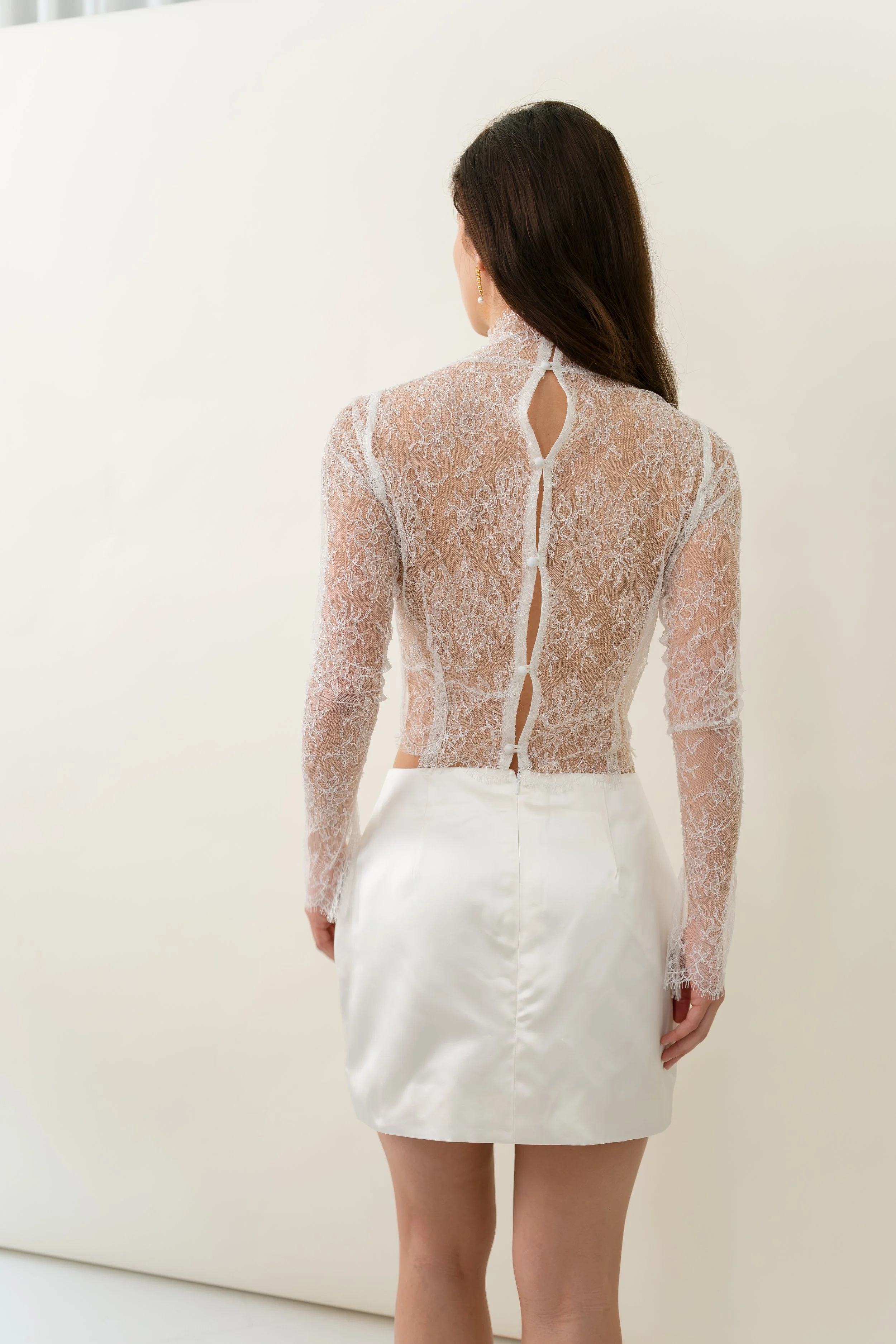 Meg Mini Skirt by Jessica Bennett cut in silk duchess satin 