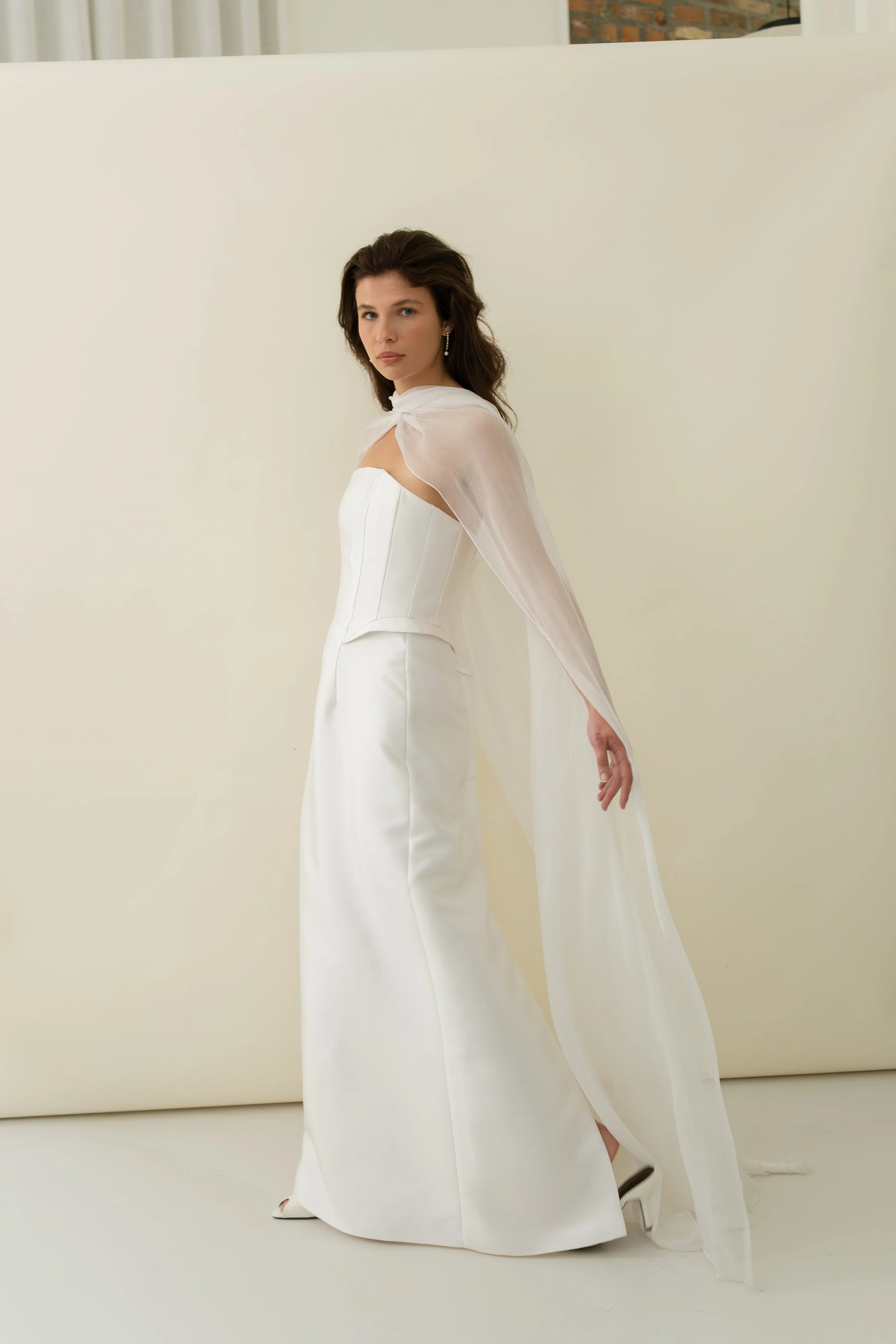 Demi dress by Jessica Bennett column mikado gown with boned bodice and hip detail