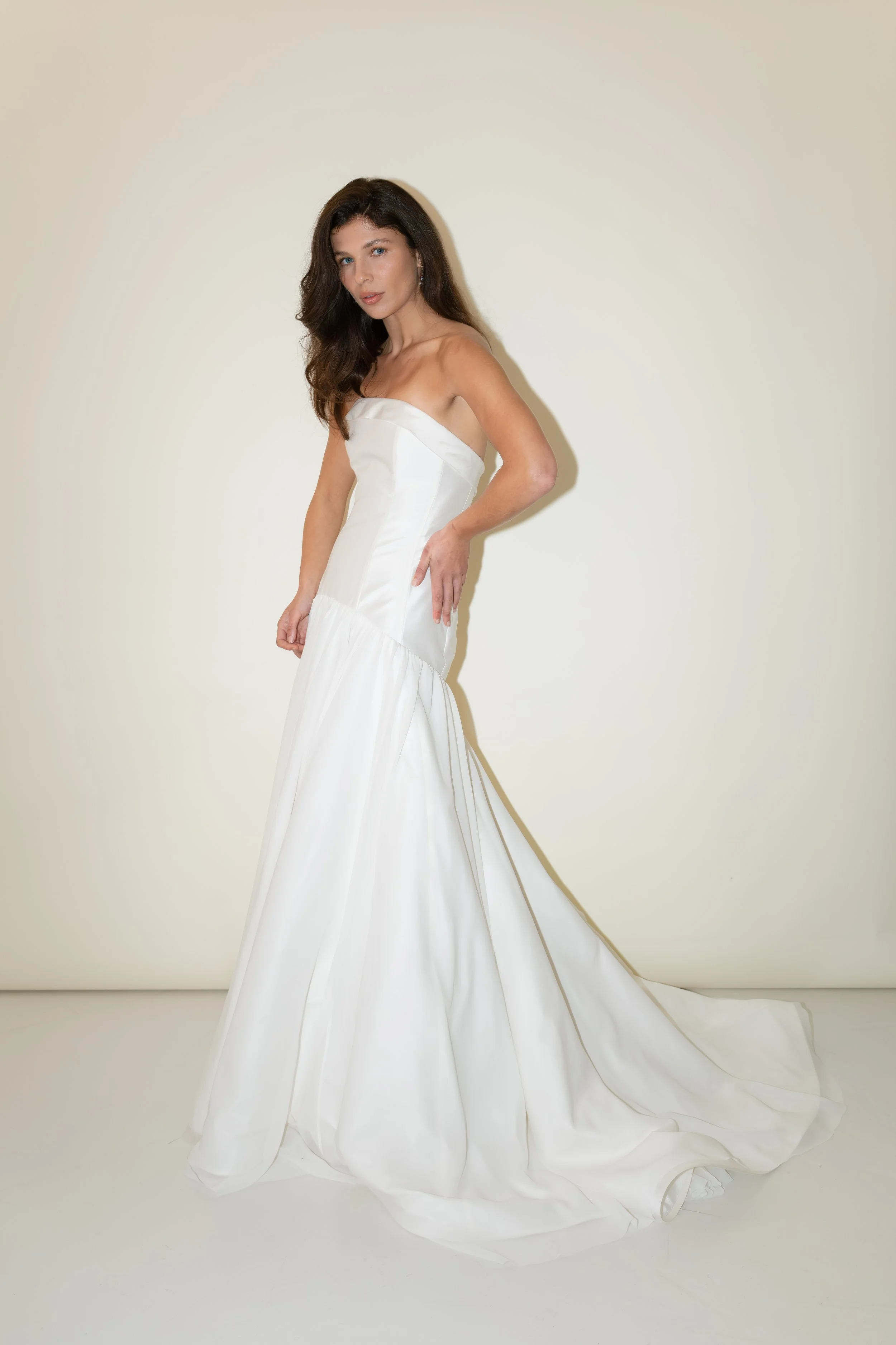 Rae dress by Jessica Bennett taffeta sculpted drop bodice gown with flared silk georgette train for a classic but modern romantic bridal look