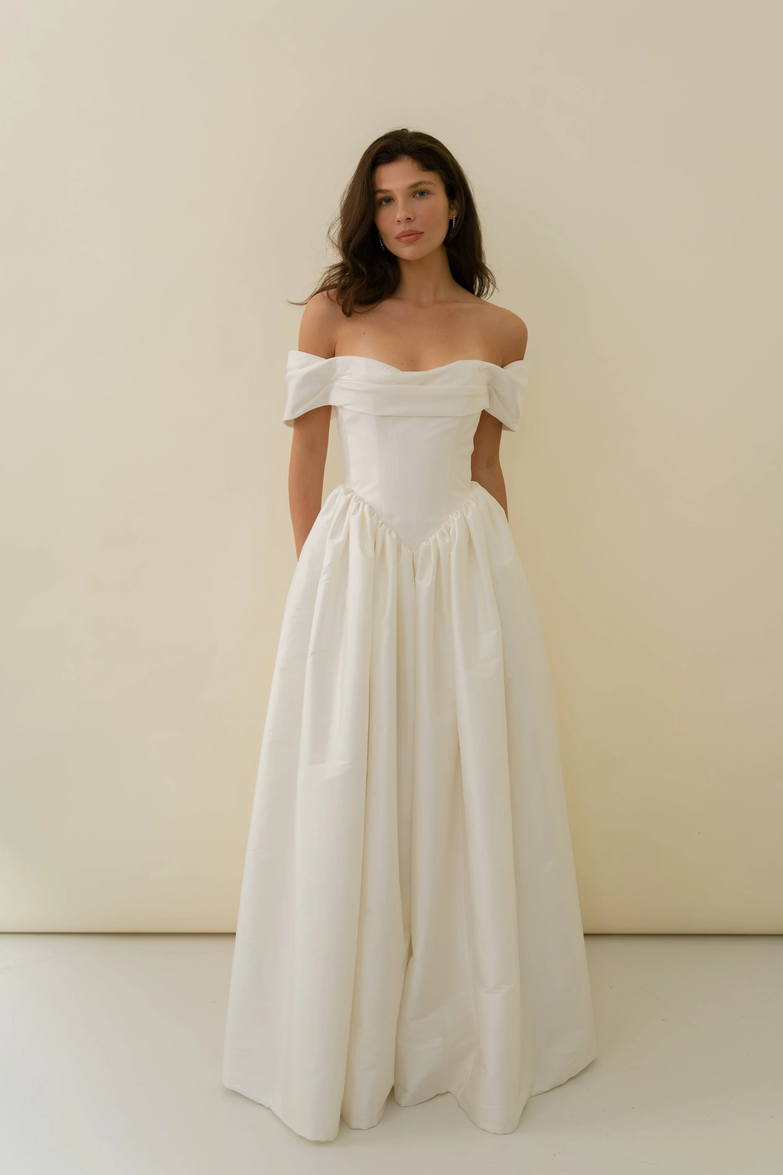 Cecile dress by Jessica Bennett, V basque corseted bodice with gathered skirt taffeta wedding dress