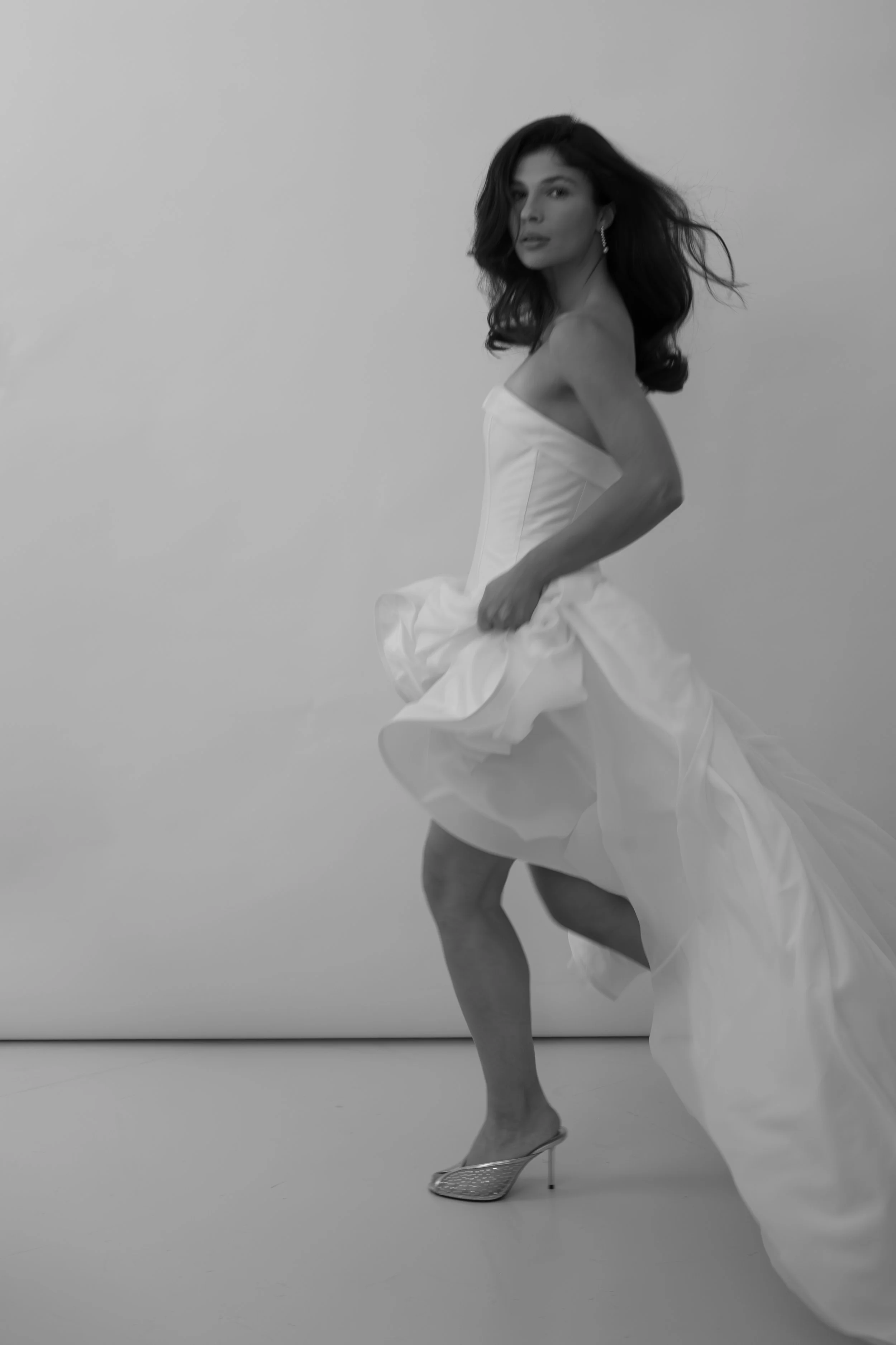 Rae dress by Jessica Bennett taffeta sculpted drop bodice gown with flared silk georgette train for a classic but modern romantic bridal look