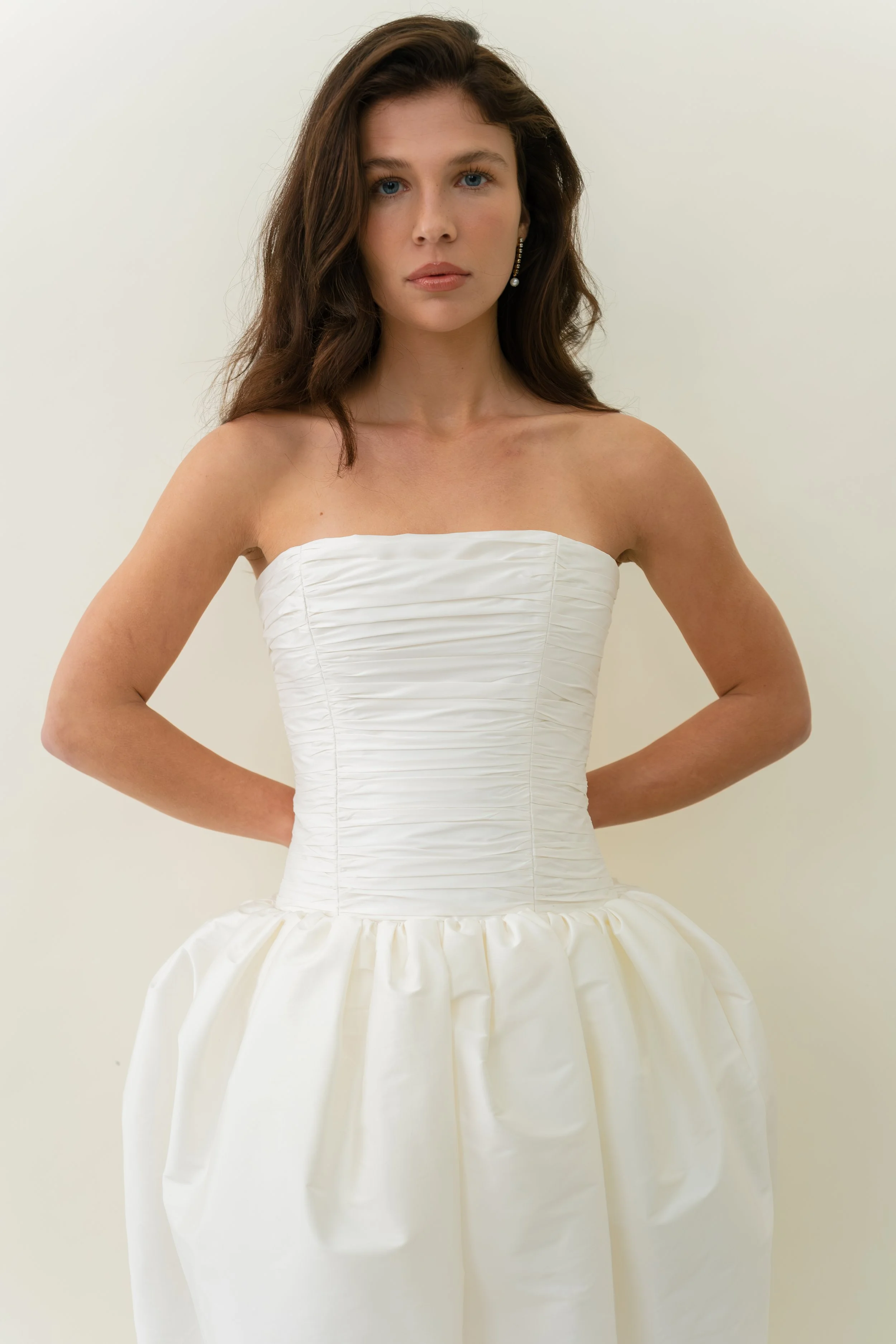 Sloane dress by Jessica Bennett tulip shape drop waist wedding dress with pleated bodice for the modern bride