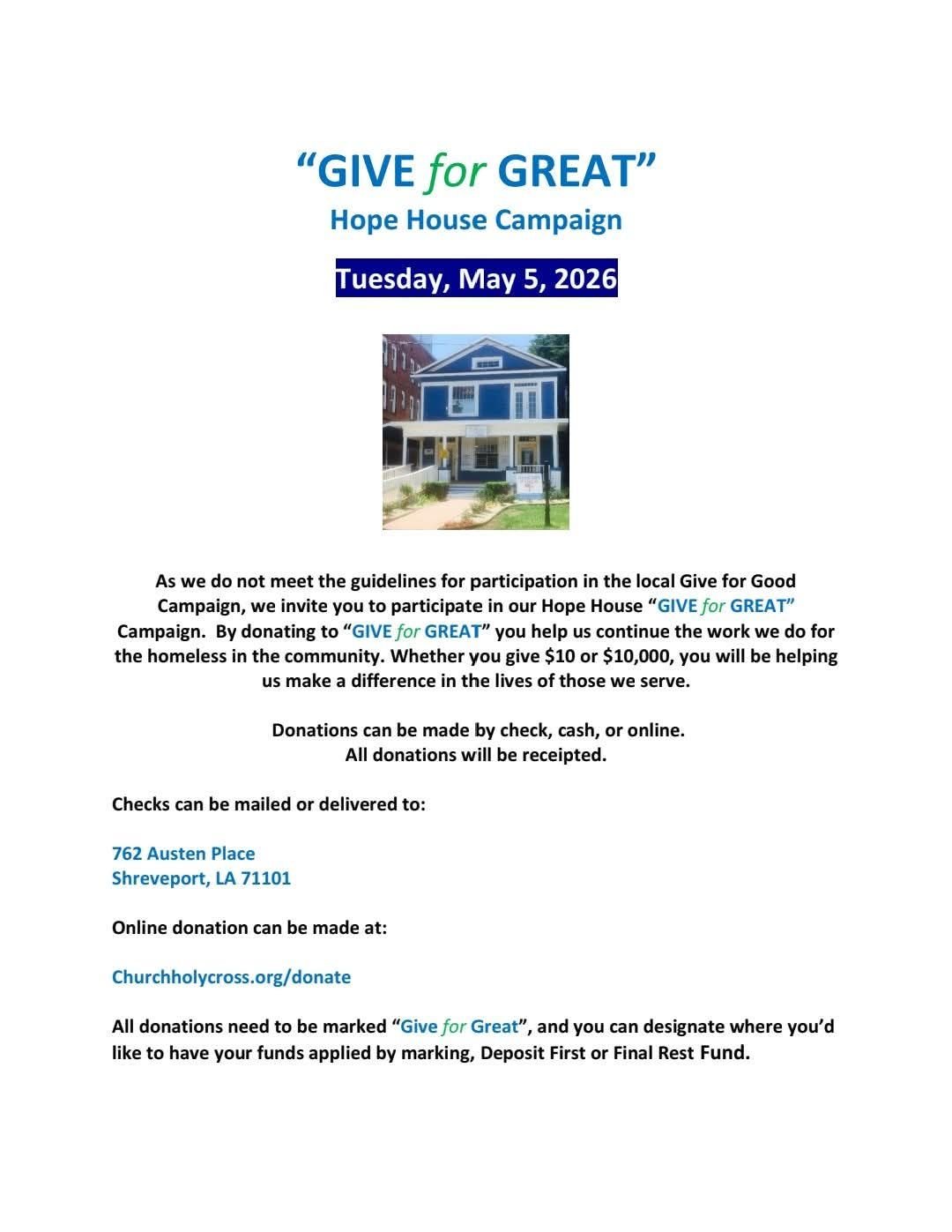 "Give for Great" Hope House Campaign