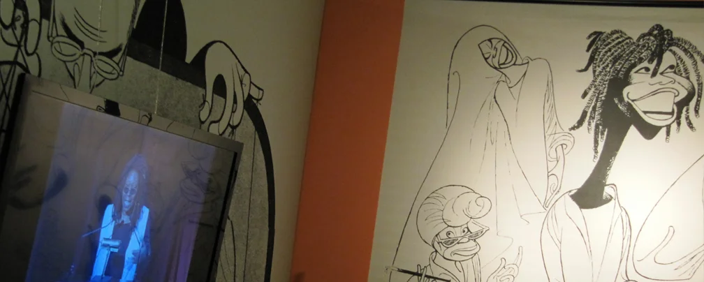 Video of Whoopi Goldberg geeking out over Mr. Hirschfeld. And a peek at her first Hirschfeld.