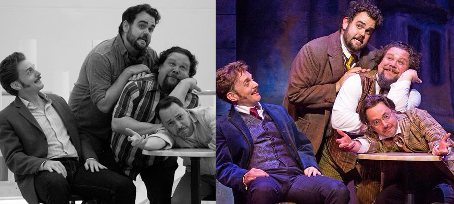 Jason Danieley, Greg Hildreth, yours truly, and Mark Price on our press day a couple weeks ago (left) and in performance this week (right).