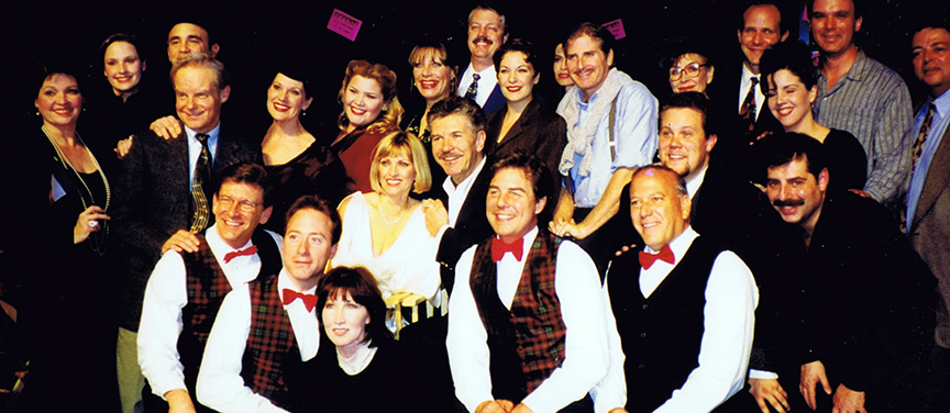 The cast and creatives of Musical Theatre Guild's 1998 production of On the 20th Century starring Lorna Patterson, Ed Evanko, Eileen Barnett, Gordon Goodman, Jimmy Gleason, and Bob Amaral.