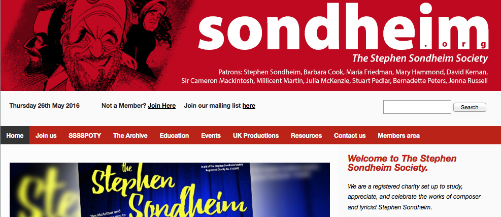 The header for the Stephen Sondheim Society website including my illustration of Mr. Sondheim.