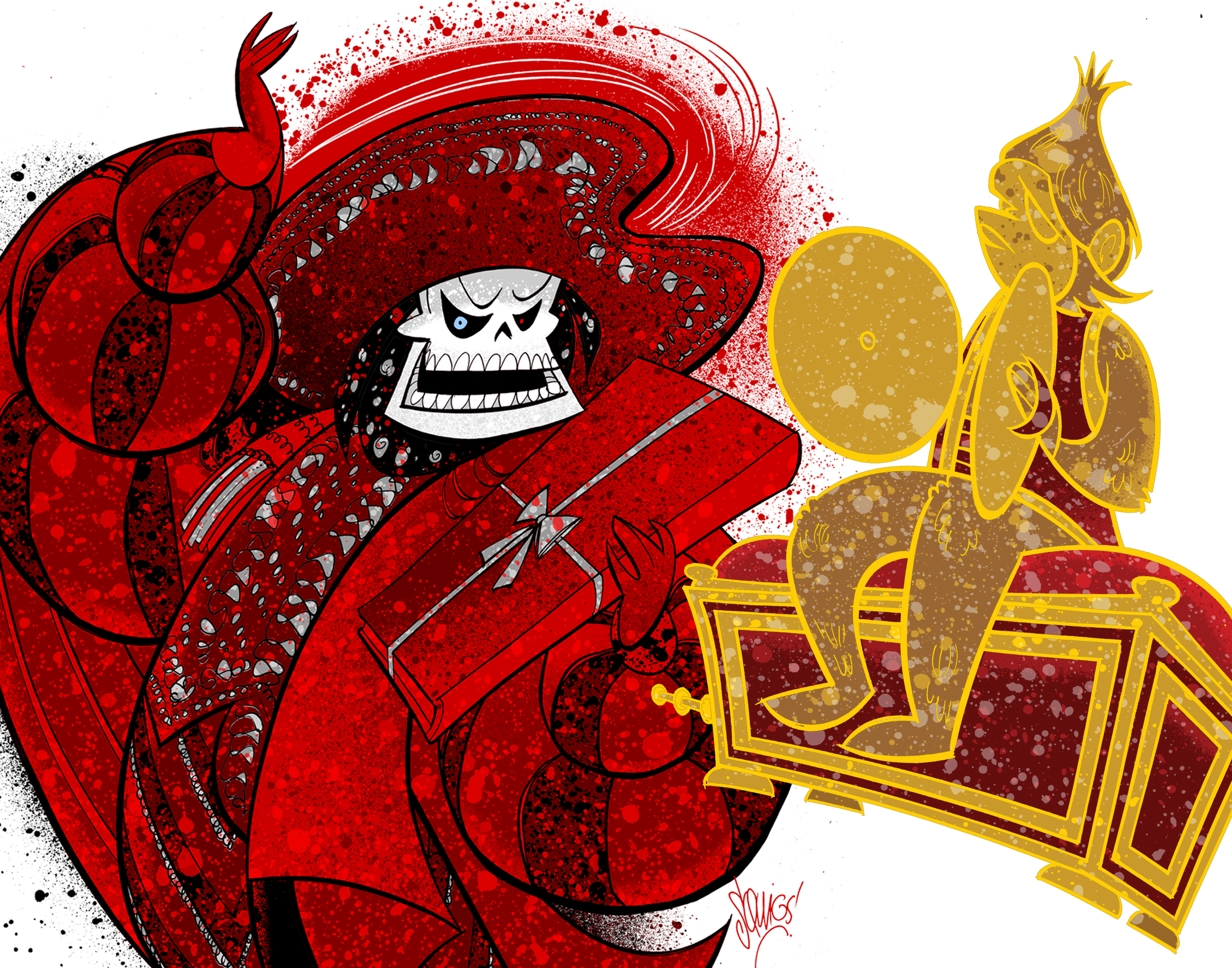  The Phantom’s Red Death costume as drawn for a personal project and Lot 665 ( “A papier-mâché musical box in the shape of a barrel-organ. Attached, the figure of a monkey in persian robes, playing the cymbals.” ) as drawn for a specialty card in  Th