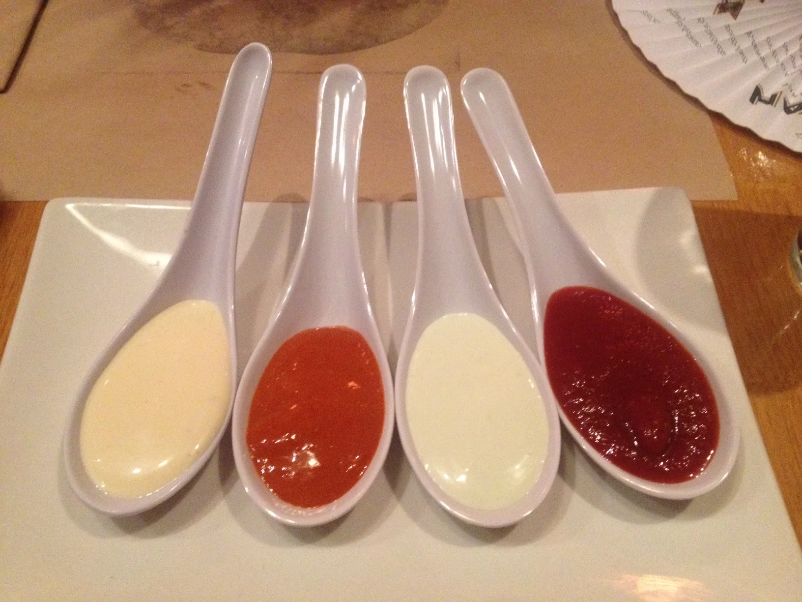Garlic Aioli, Hot Sauce (eek), Jalapeno Ranch, House Ketchup (a bit sweet than Heinz)
