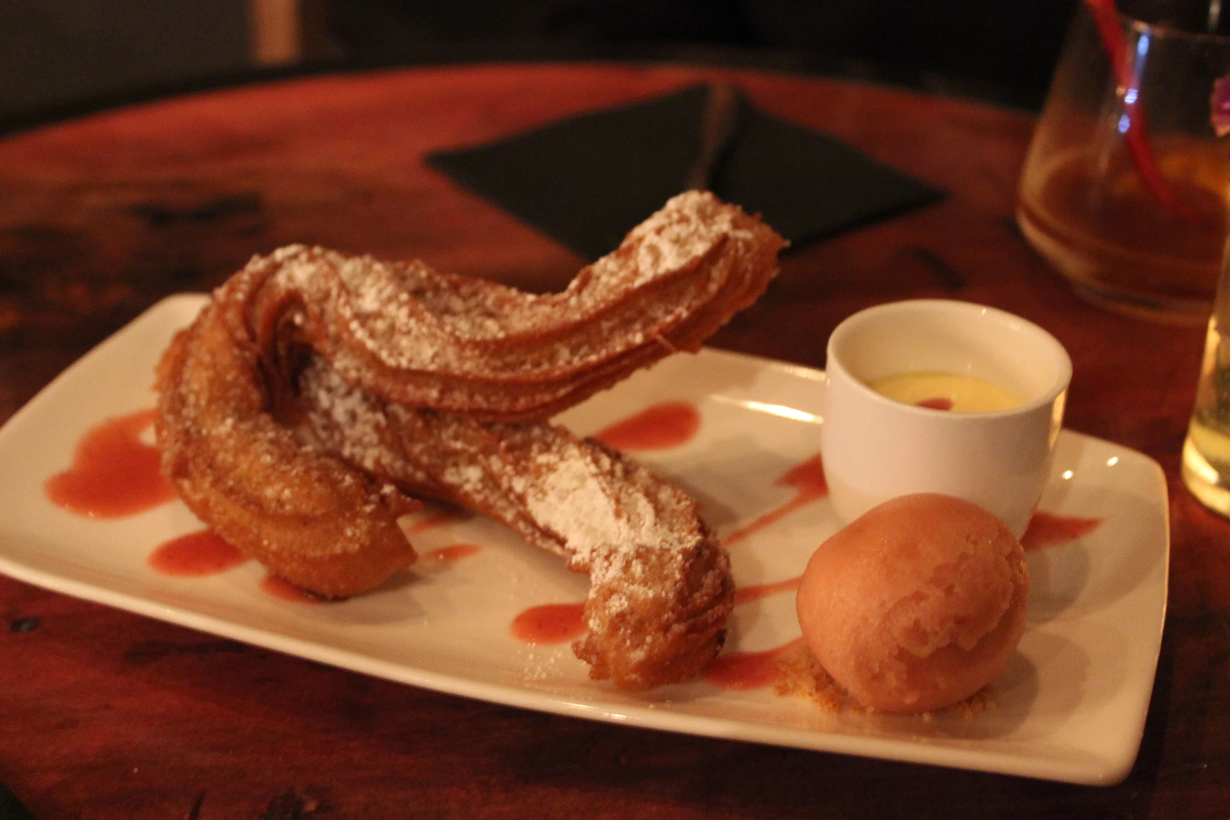 Course 11: Meyer Lemon Churros with Lemon Cream and Strawberry Habanero Sorbet