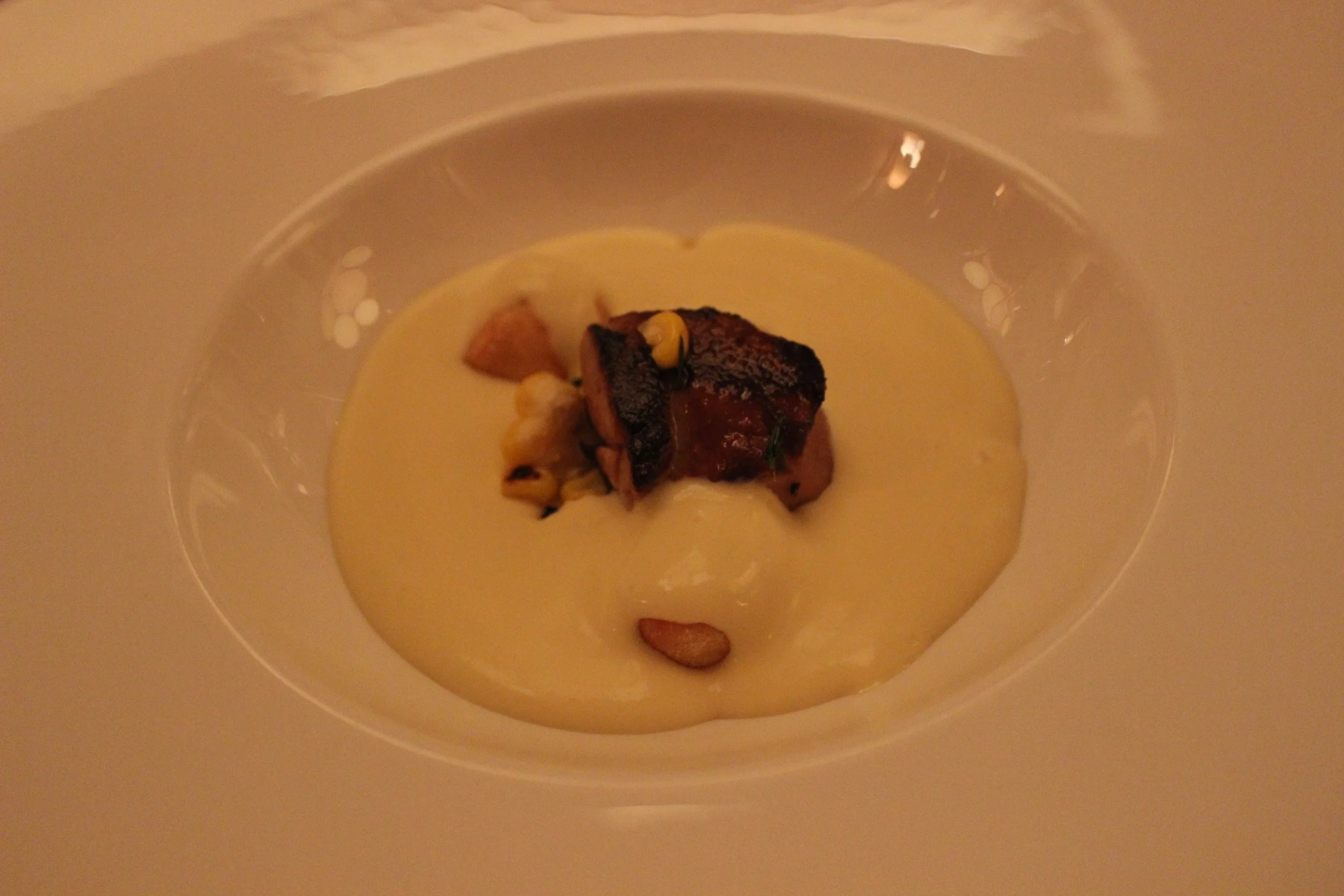 Chilled Sweet Corn Soup, Roasted Foie Gras, Crispy Gnocchi
