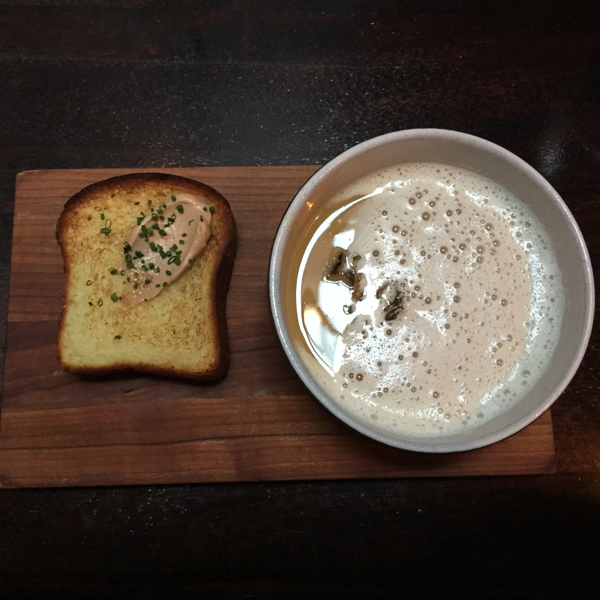 Chicken Veloute with hen of the woods mushrooms & chicken liver mousse