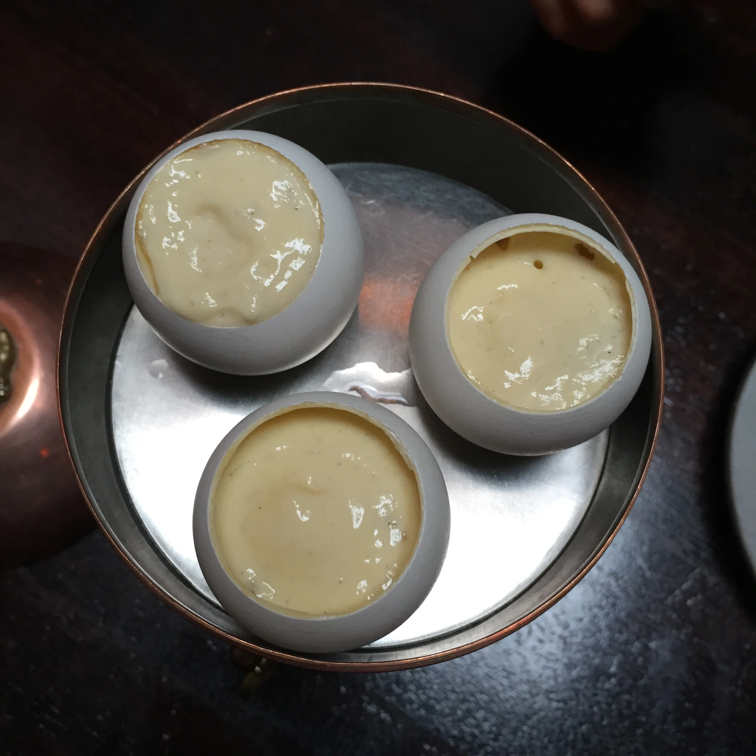 Smoked Sturgeon Sabayon with Chive Oil Presented in Chicken E ggs
