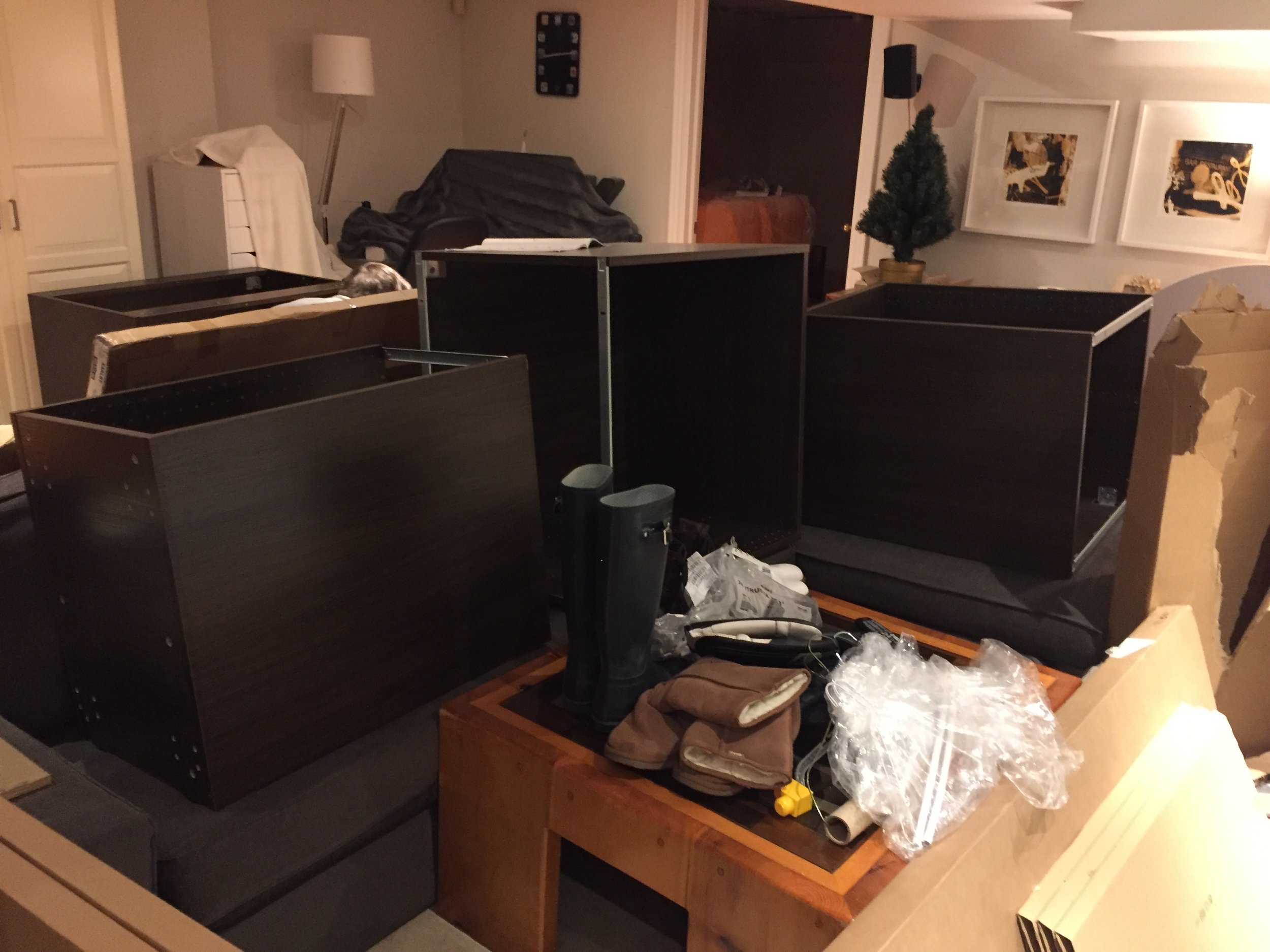 BUILD: Our Ikea cabinets are built & ready for installation.